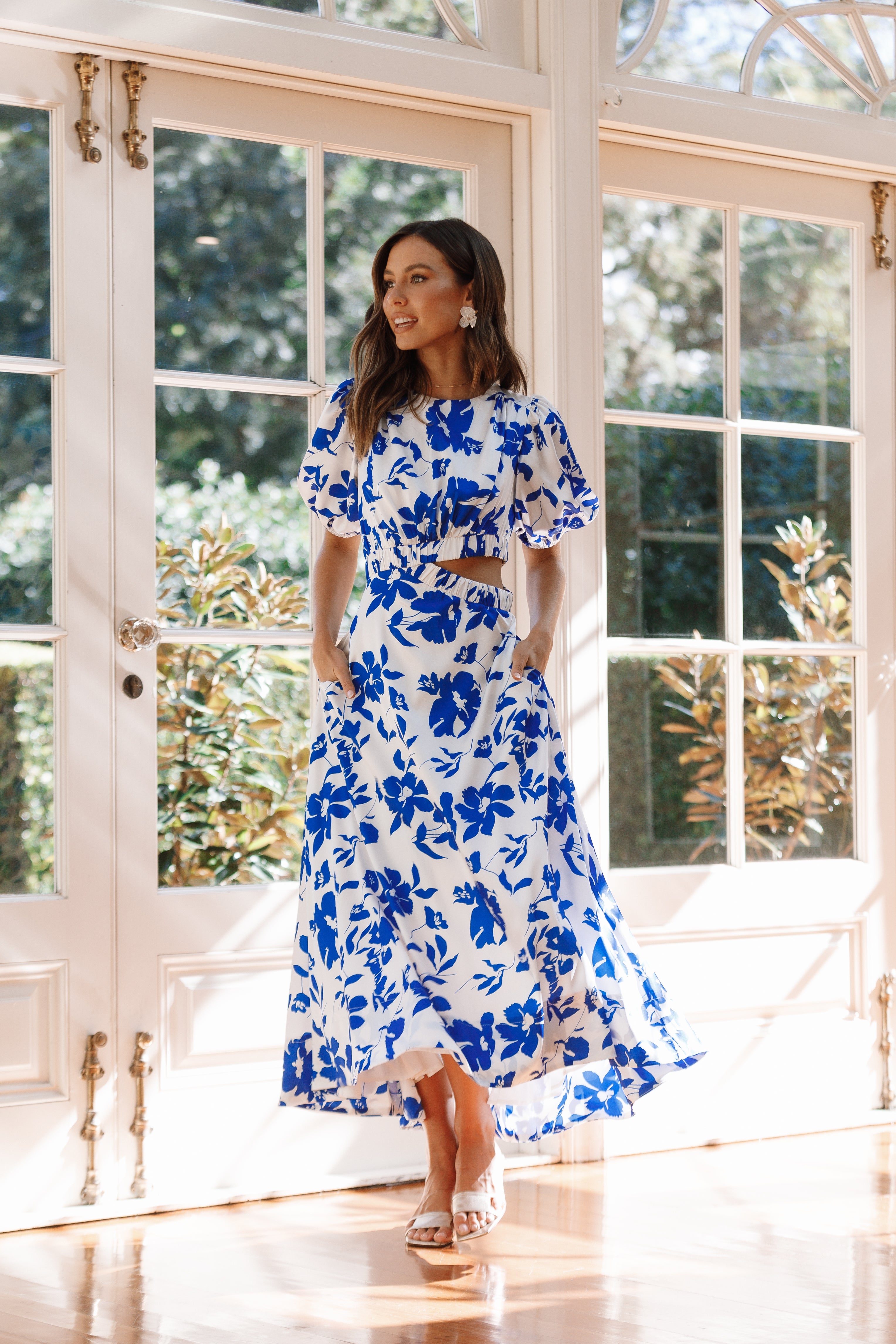 Aminah Blue Floral Maxi Dress with Puff Sleeves & Pockets