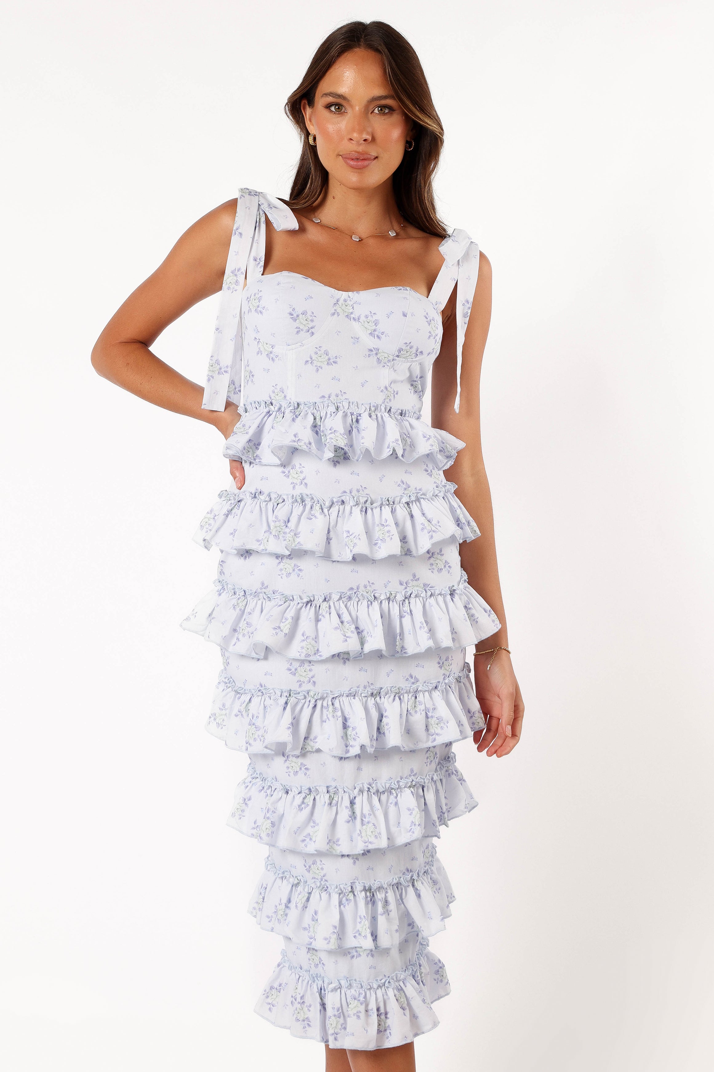 Blue Floral Midi Dress with Frilled Details & Sweetheart Neckline
