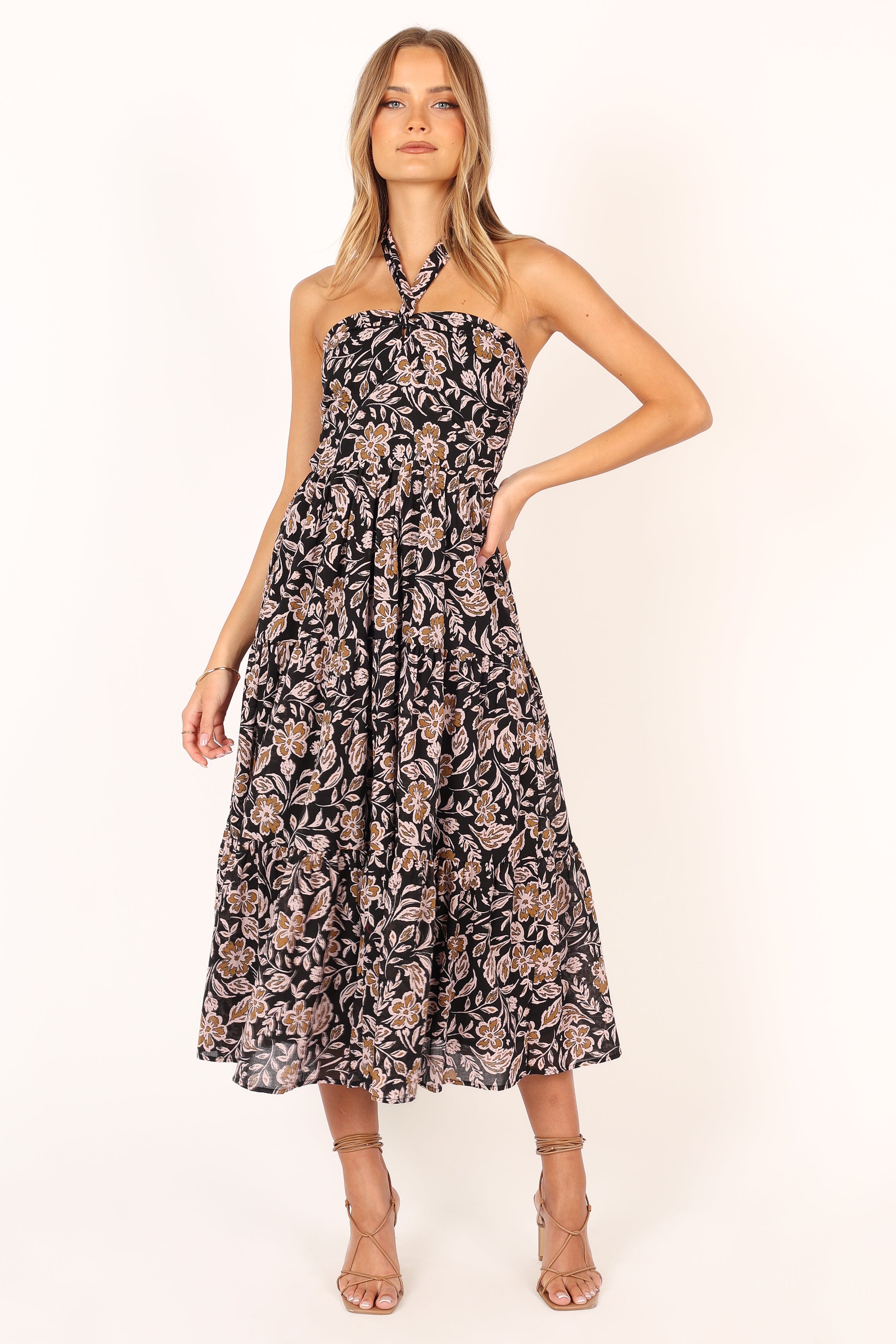 Floral Print Shena Halter Neck Midi Dress - Black Multi
