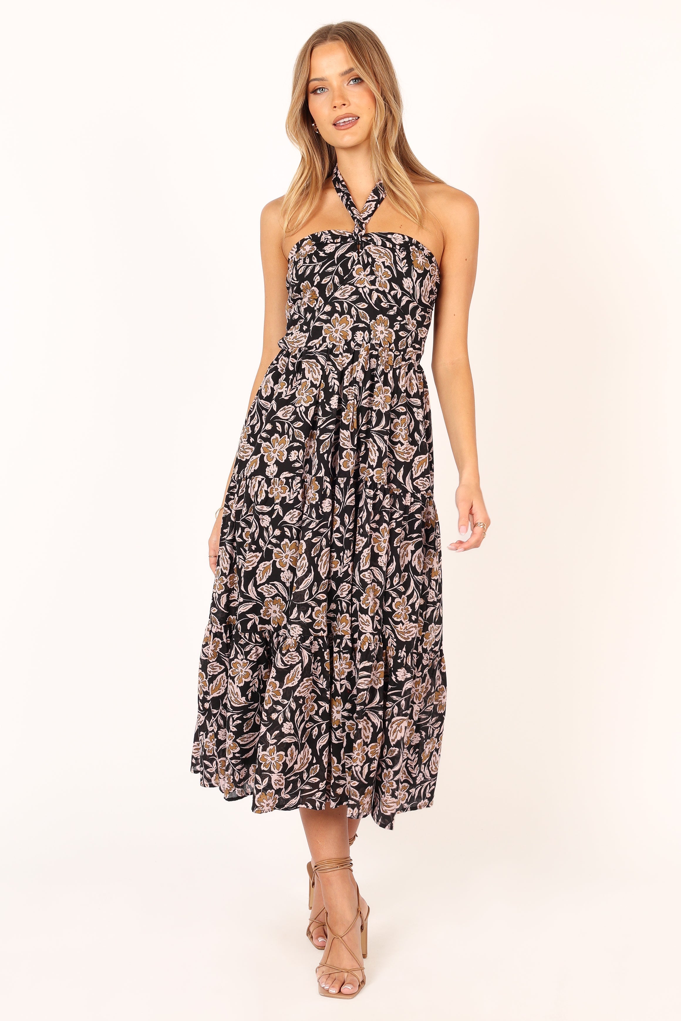 Floral Print Shena Halter Neck Midi Dress - Black Multi