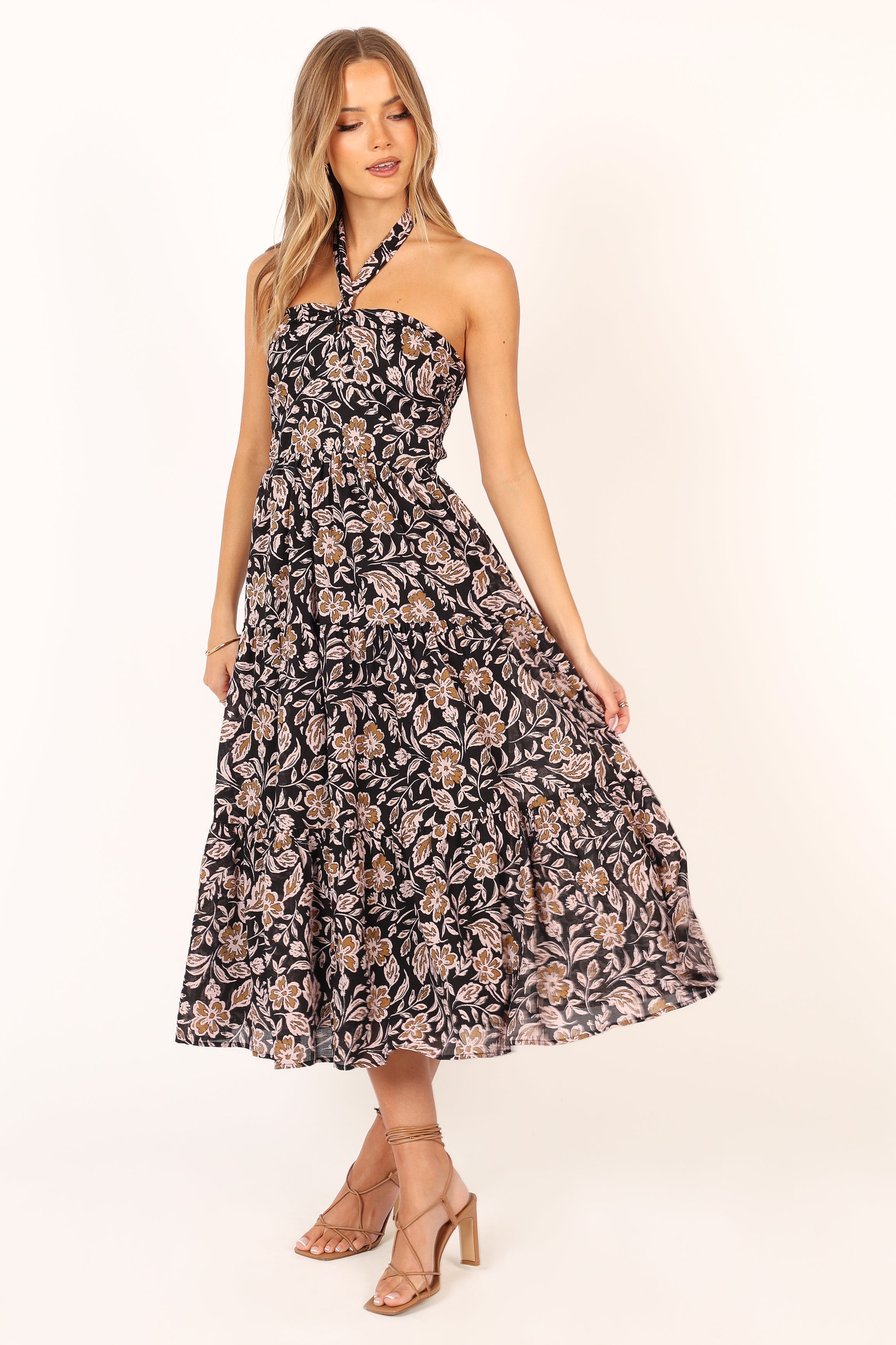 Floral Print Shena Halter Neck Midi Dress - Black Multi