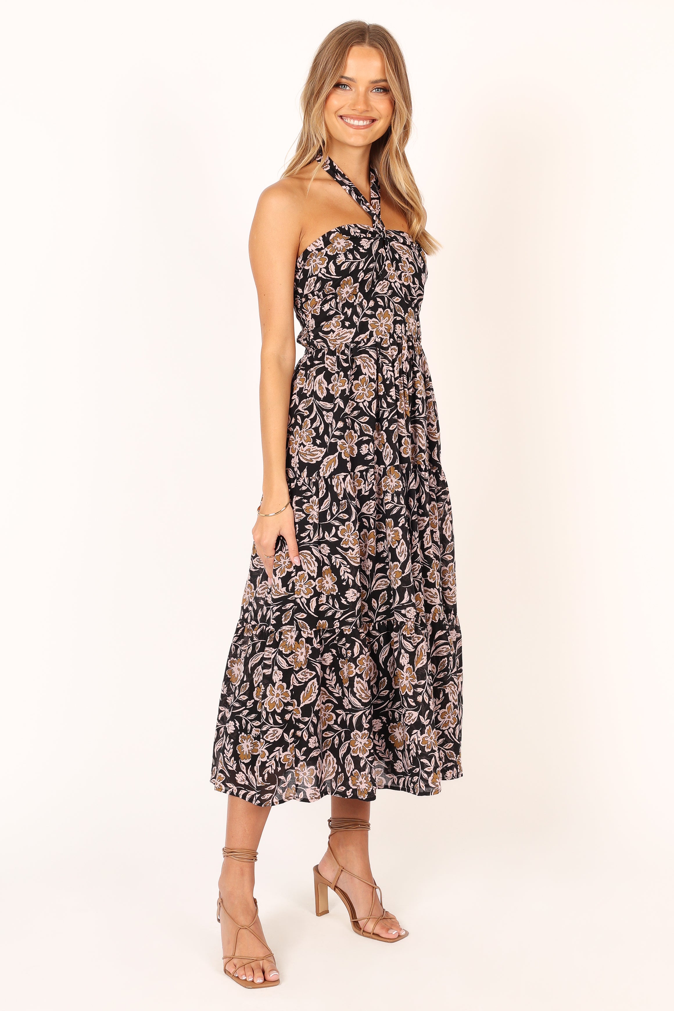 Floral Print Shena Halter Neck Midi Dress - Black Multi