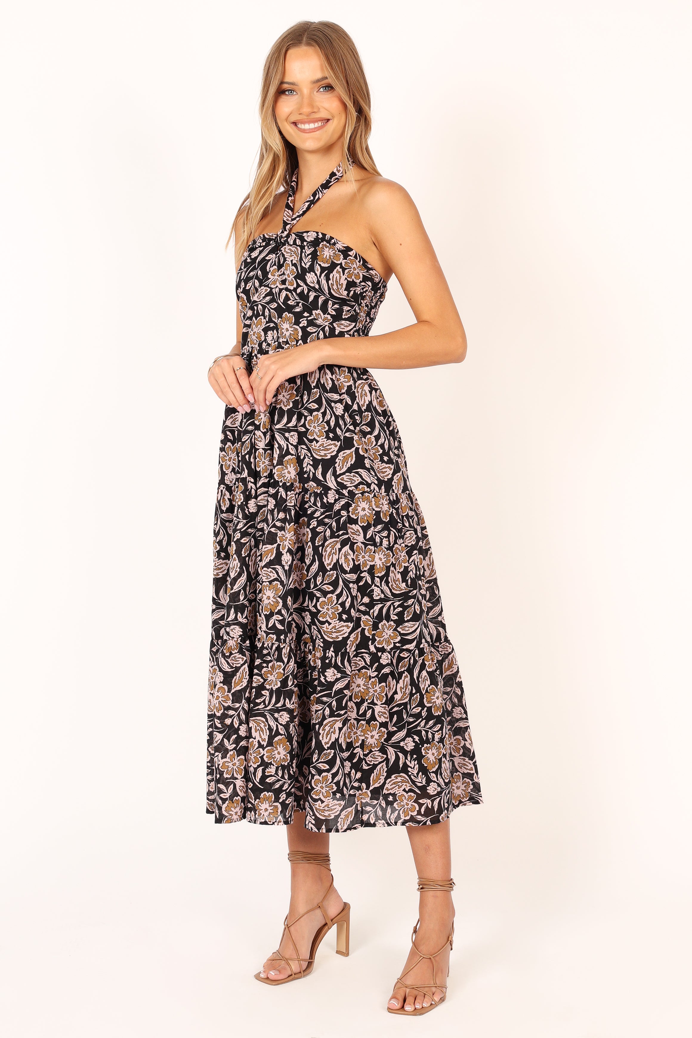 Floral Print Shena Halter Neck Midi Dress - Black Multi