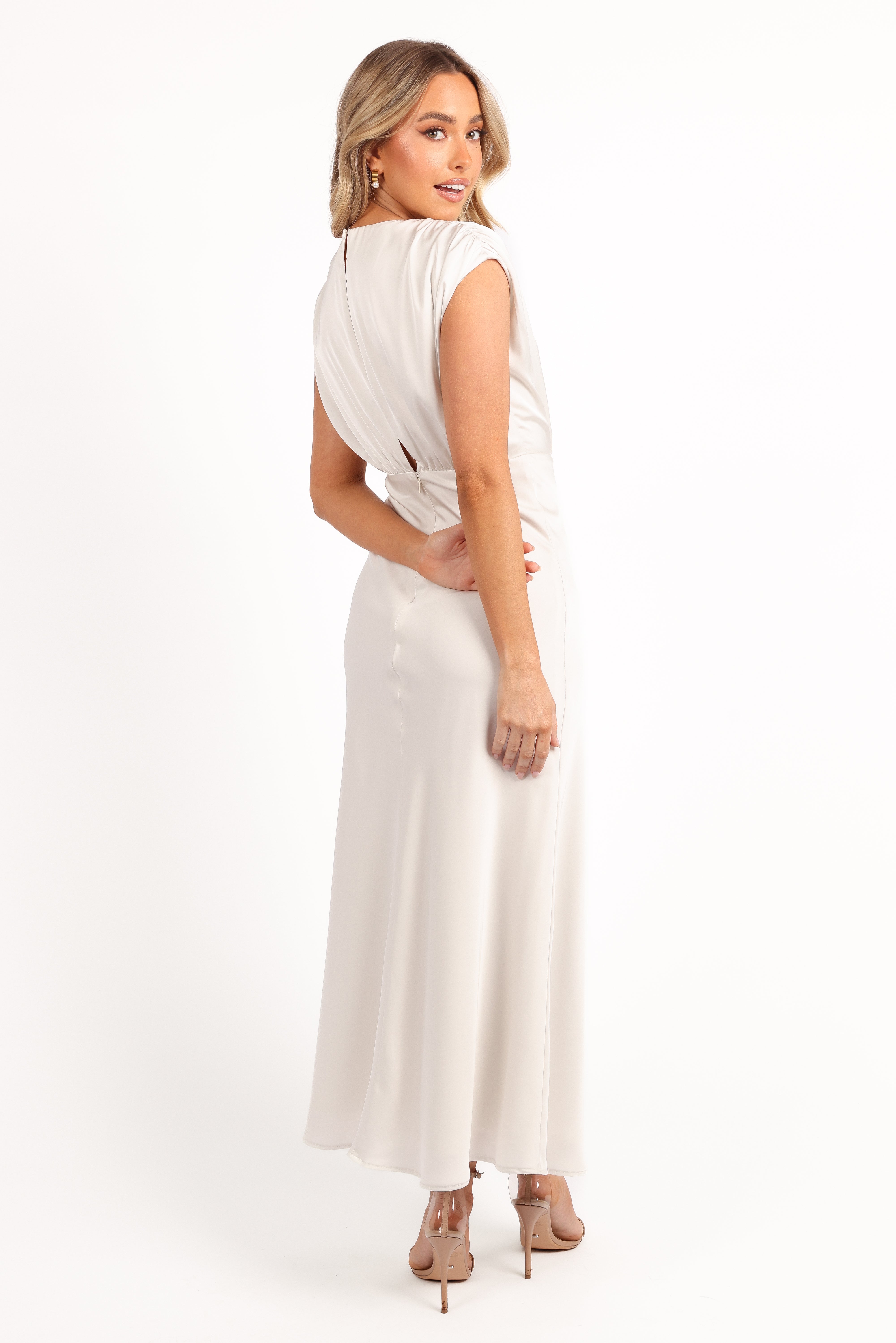 Amarlee Sleeveless V-Neck Maxi Dress - White Satin Sheen