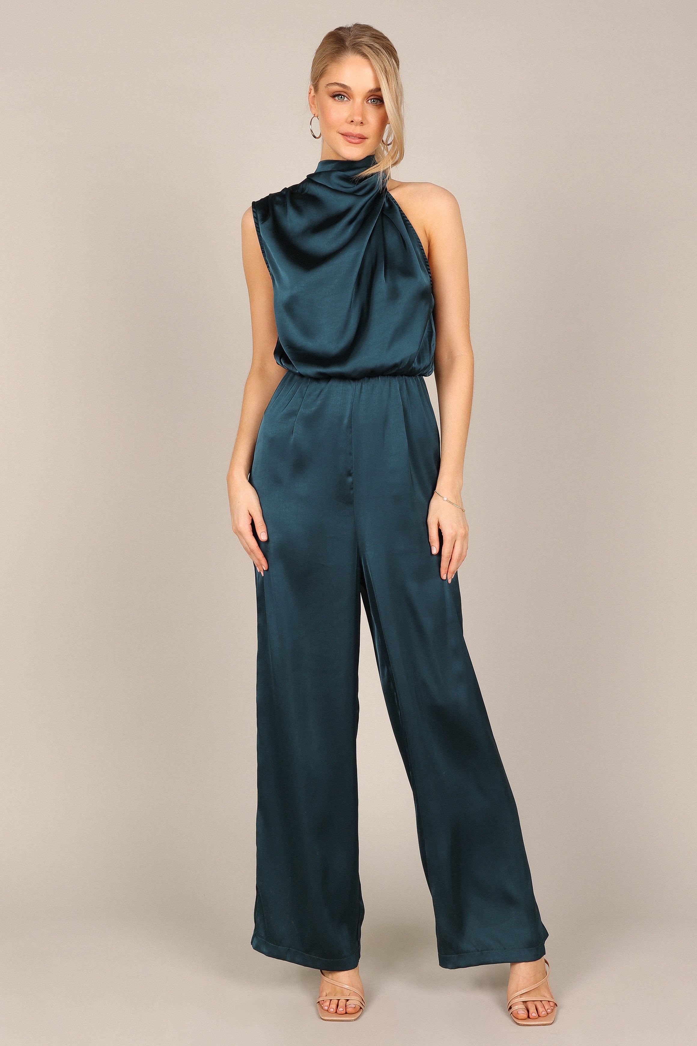 Teal One Shoulder Jumpsuit - Wide Leg Satin Design