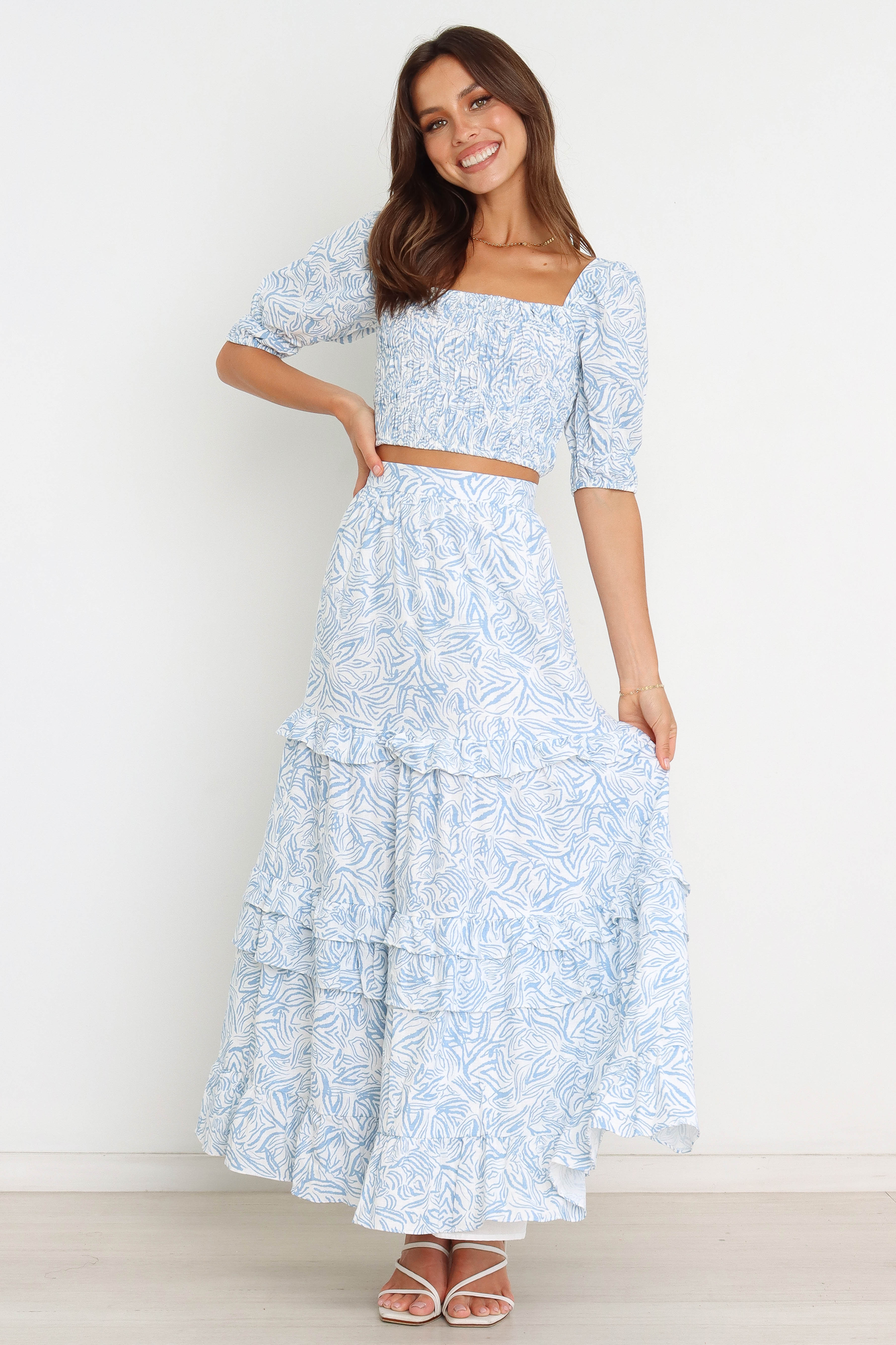 Blue Zebra Print Zoe Crop Top - Square Neck Shirred Cotton Top