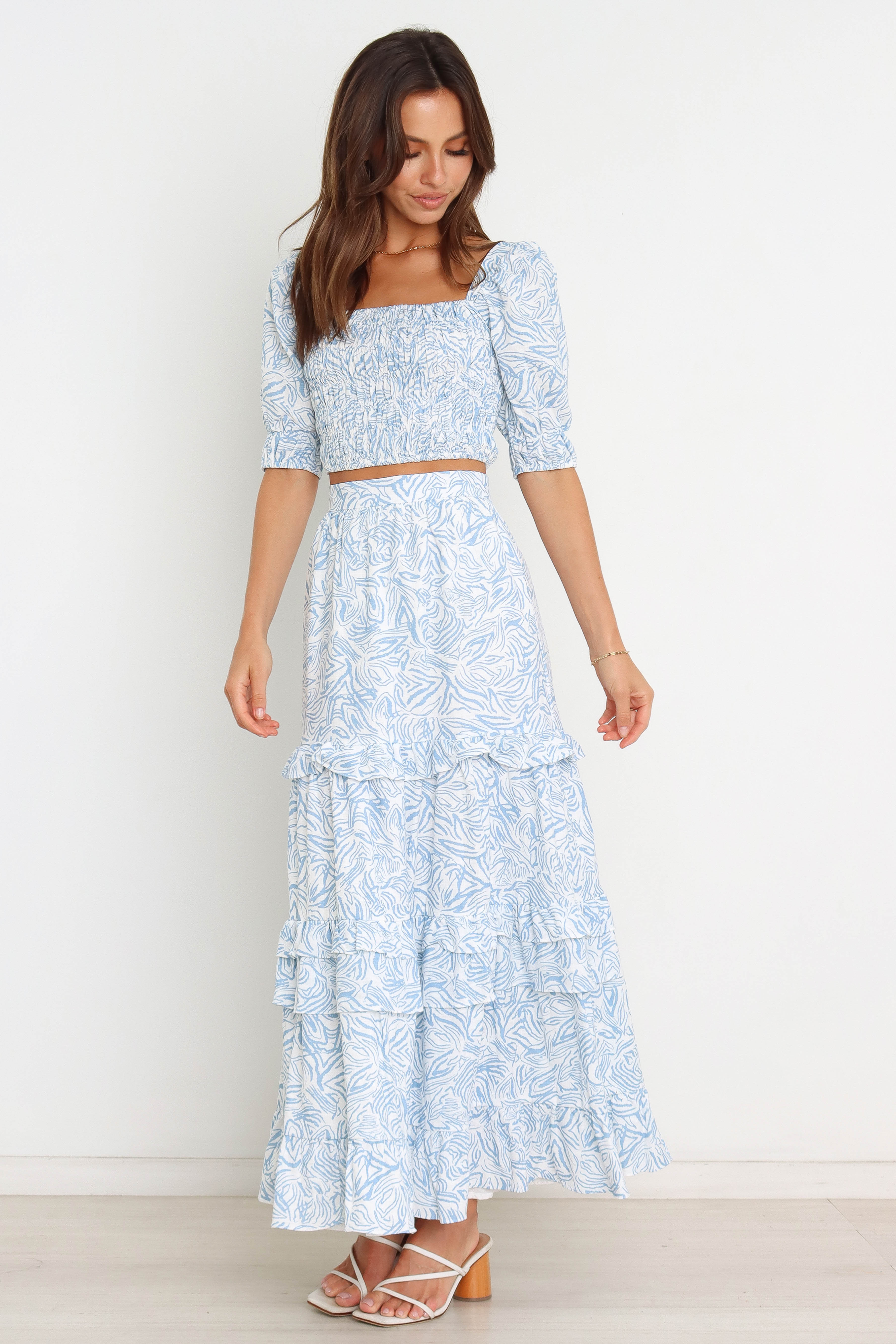 Blue Zebra Print Zoe Crop Top - Square Neck Shirred Cotton Top