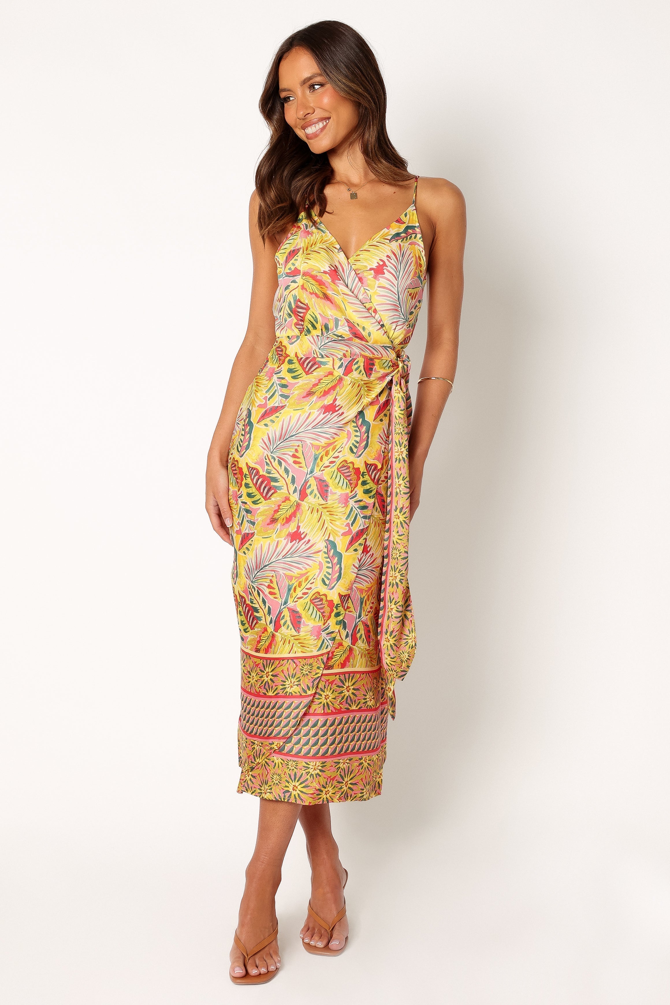 Clement Tropical Floral Wrap Midi Dress with Adjustable Straps