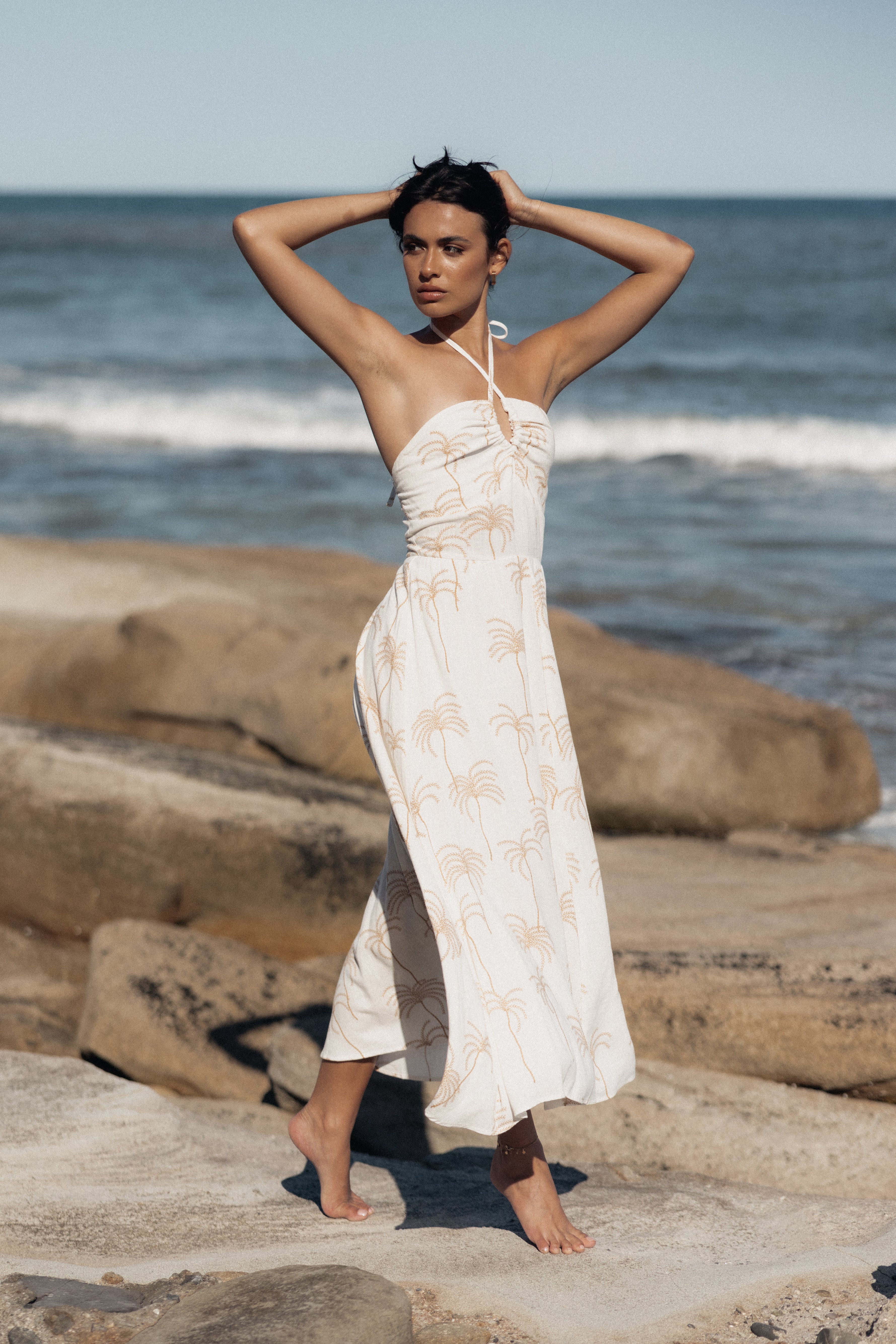 White Palm Print Granger Halterneck Midi Dress - Summer V-Neck A-Line