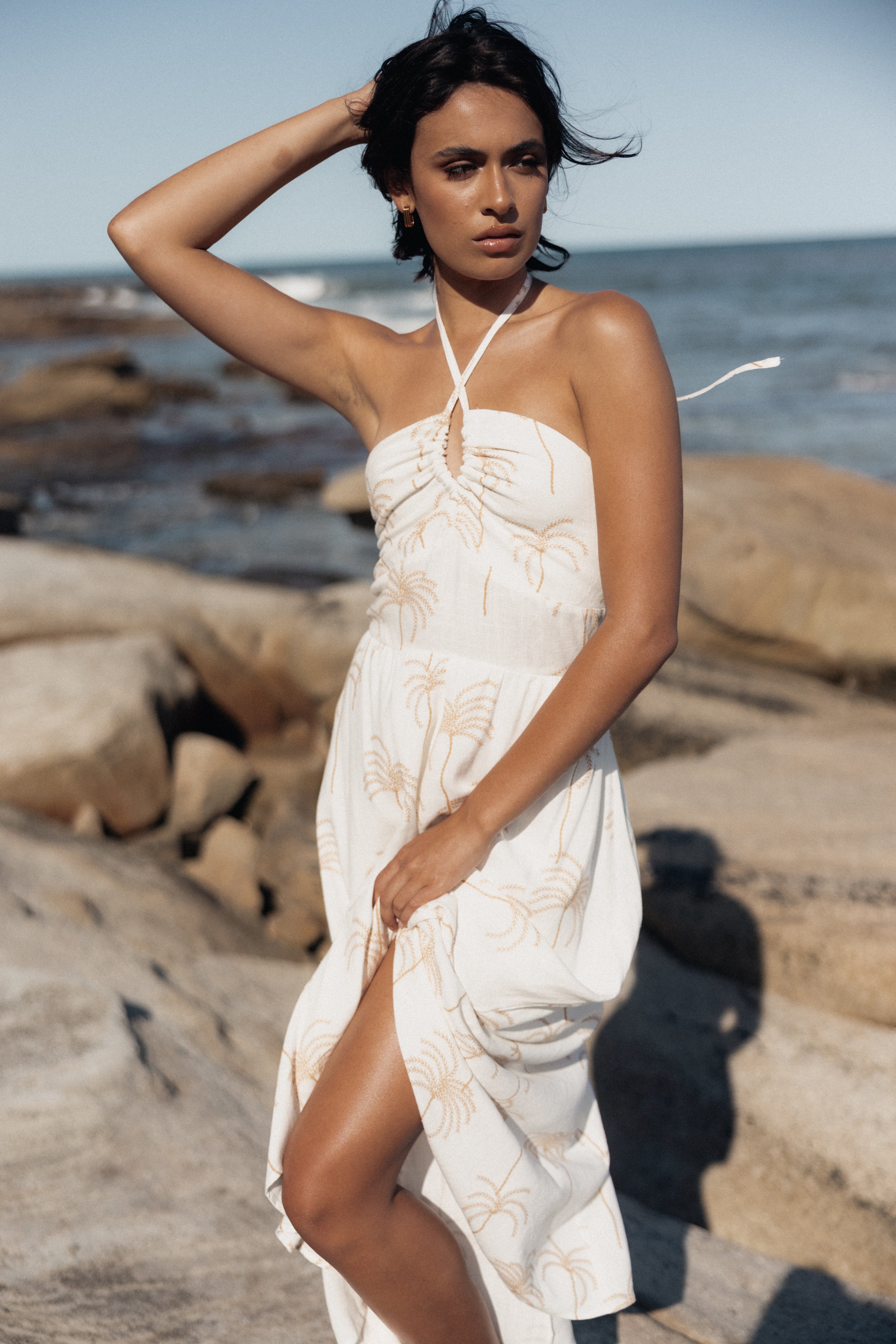 White Palm Print Granger Halterneck Midi Dress - Summer V-Neck A-Line