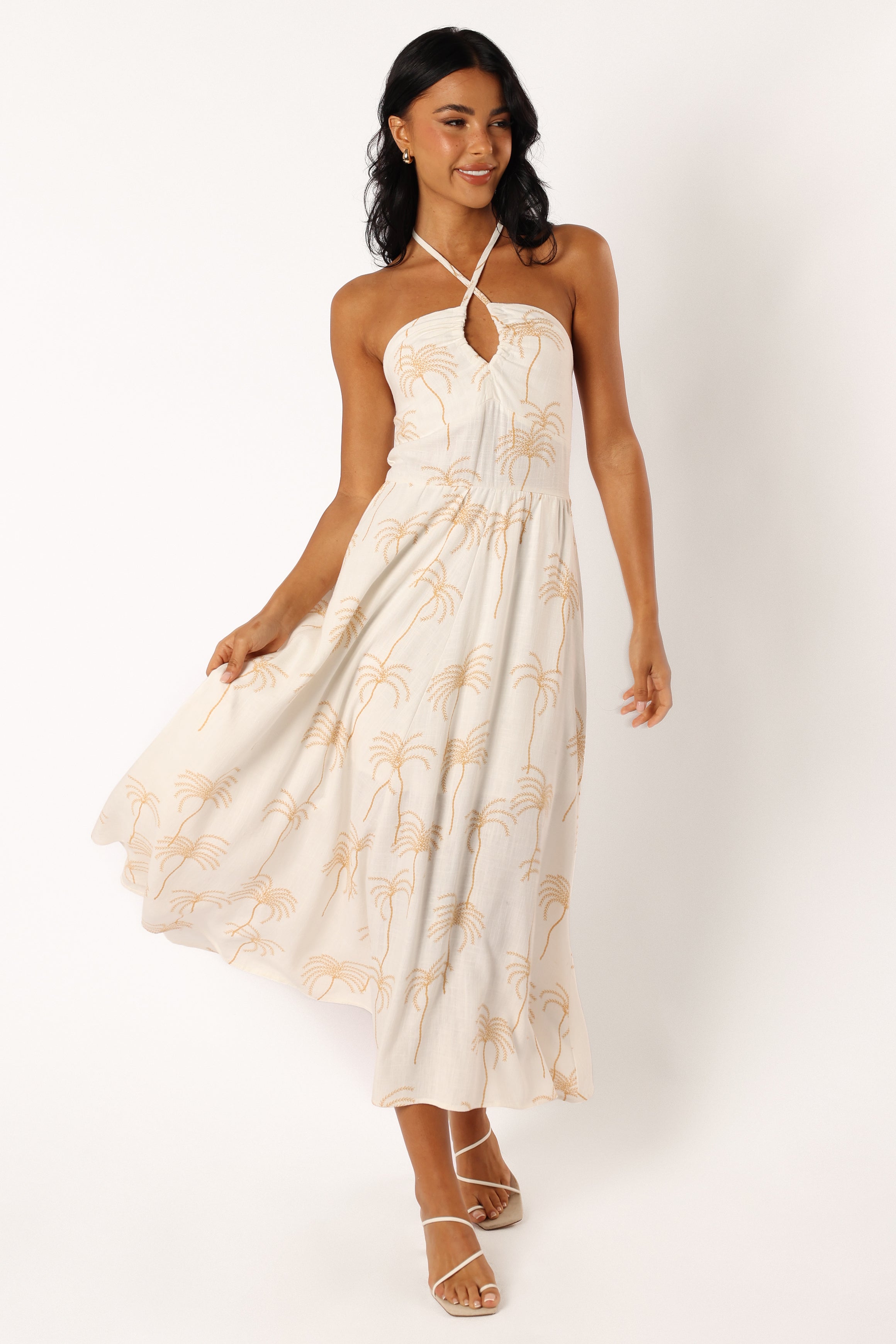 White Palm Print Granger Halterneck Midi Dress - Summer V-Neck A-Line