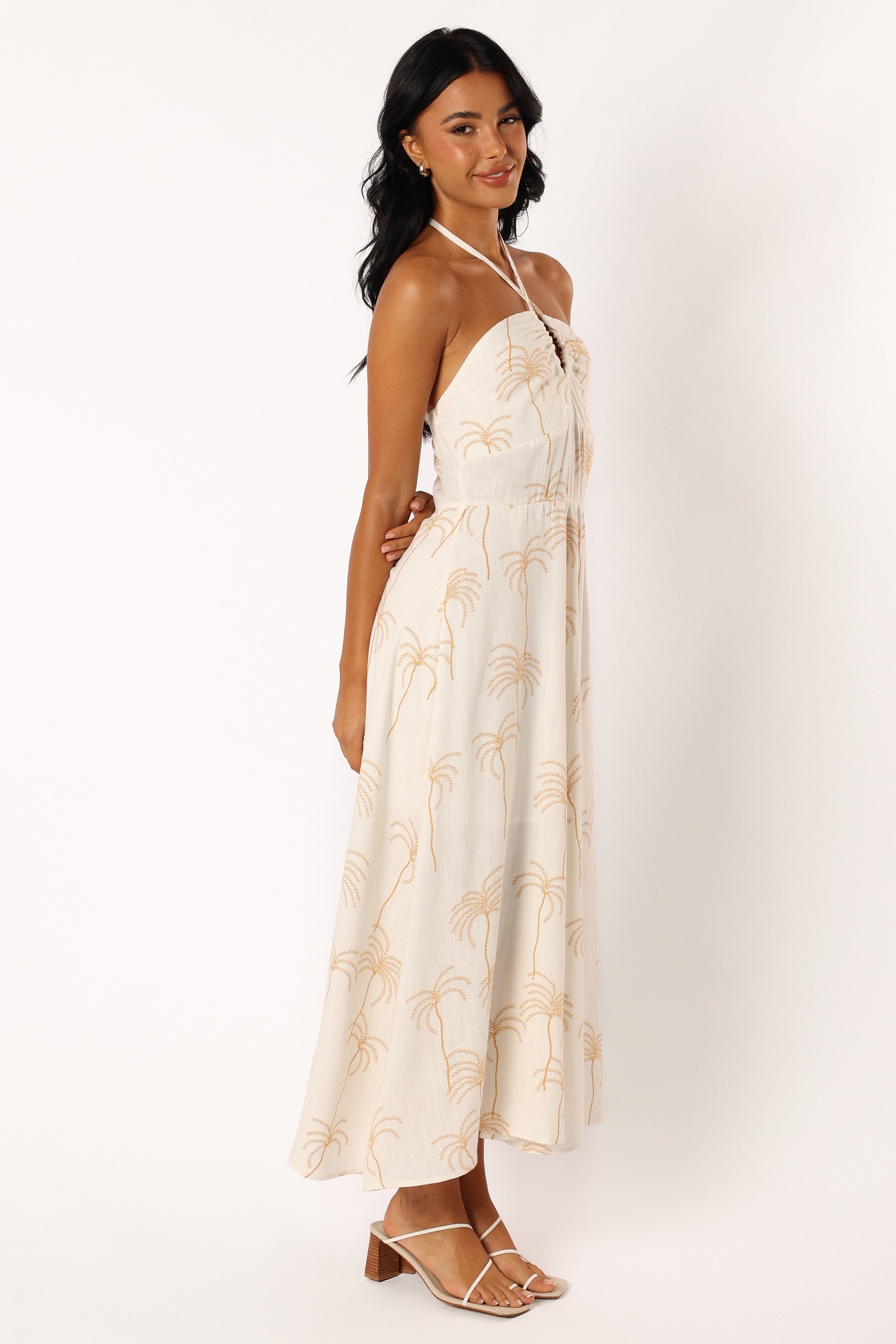 White Palm Print Granger Halterneck Midi Dress - Summer V-Neck A-Line