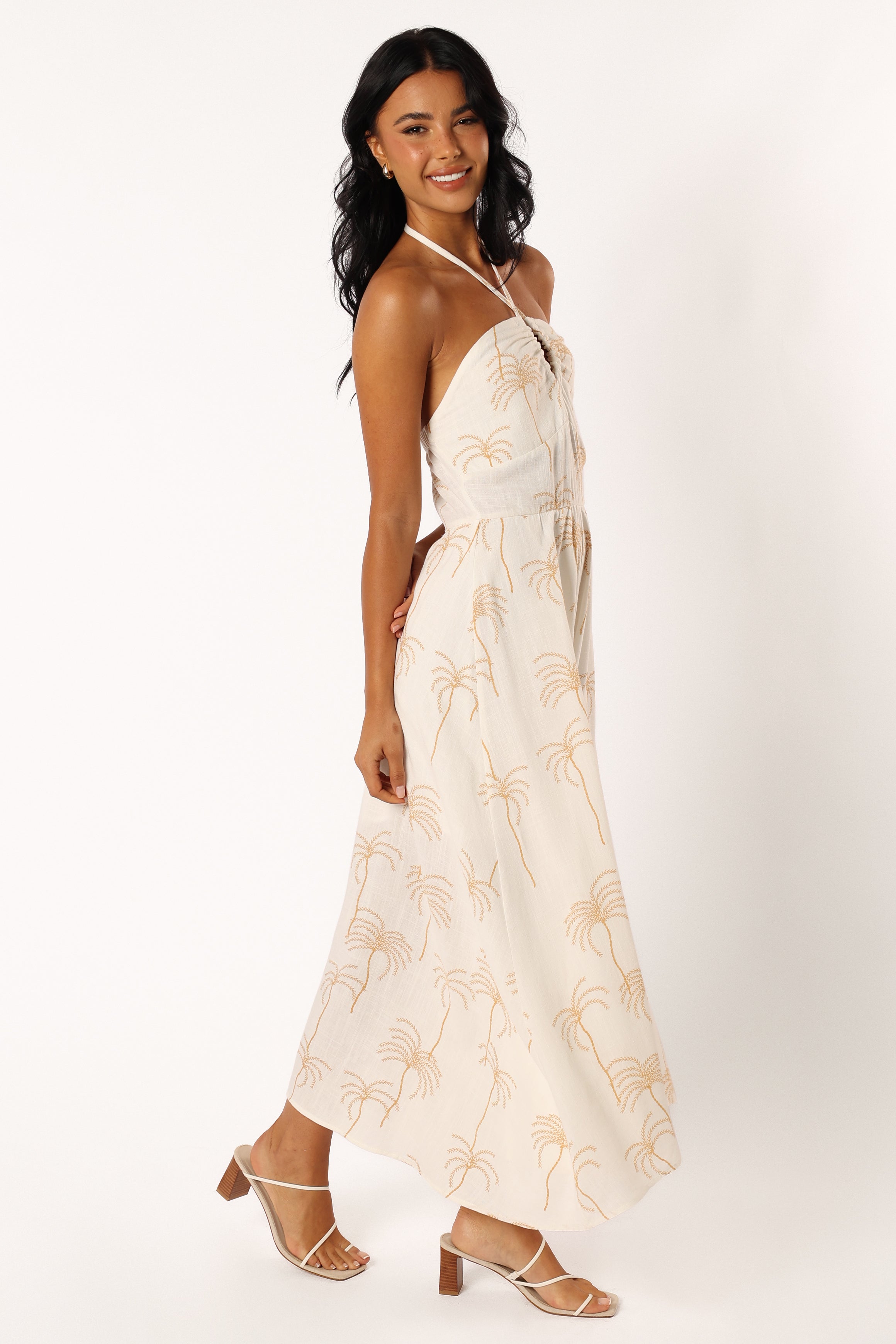 White Palm Print Granger Halterneck Midi Dress - Summer V-Neck A-Line
