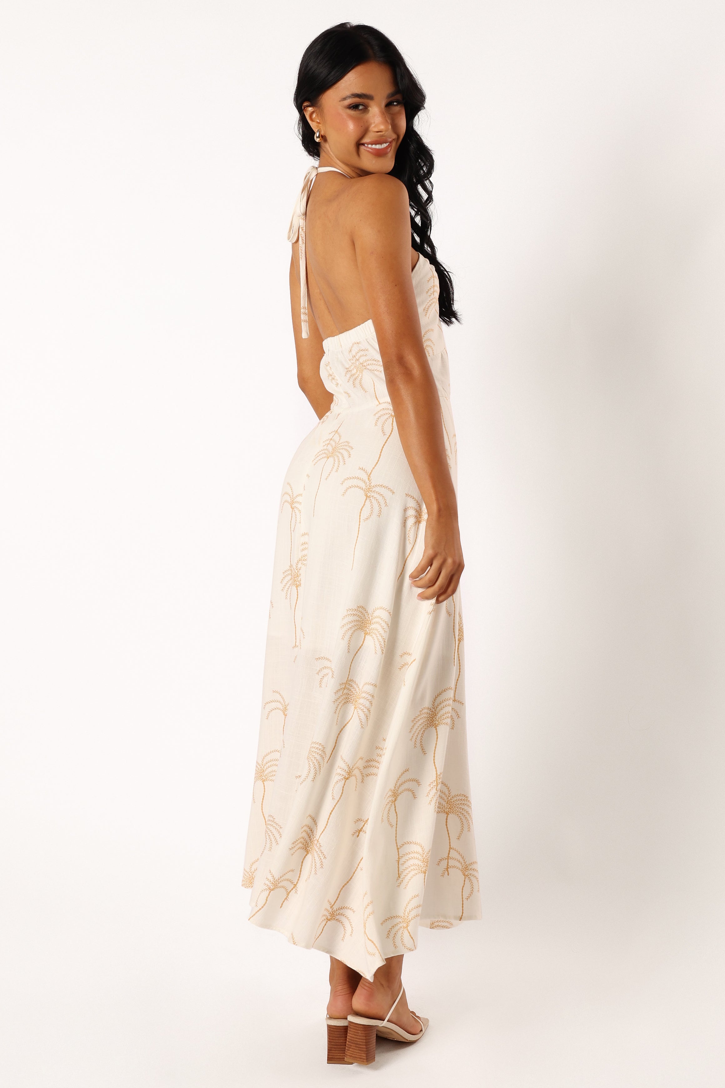 White Palm Print Granger Halterneck Midi Dress - Summer V-Neck A-Line