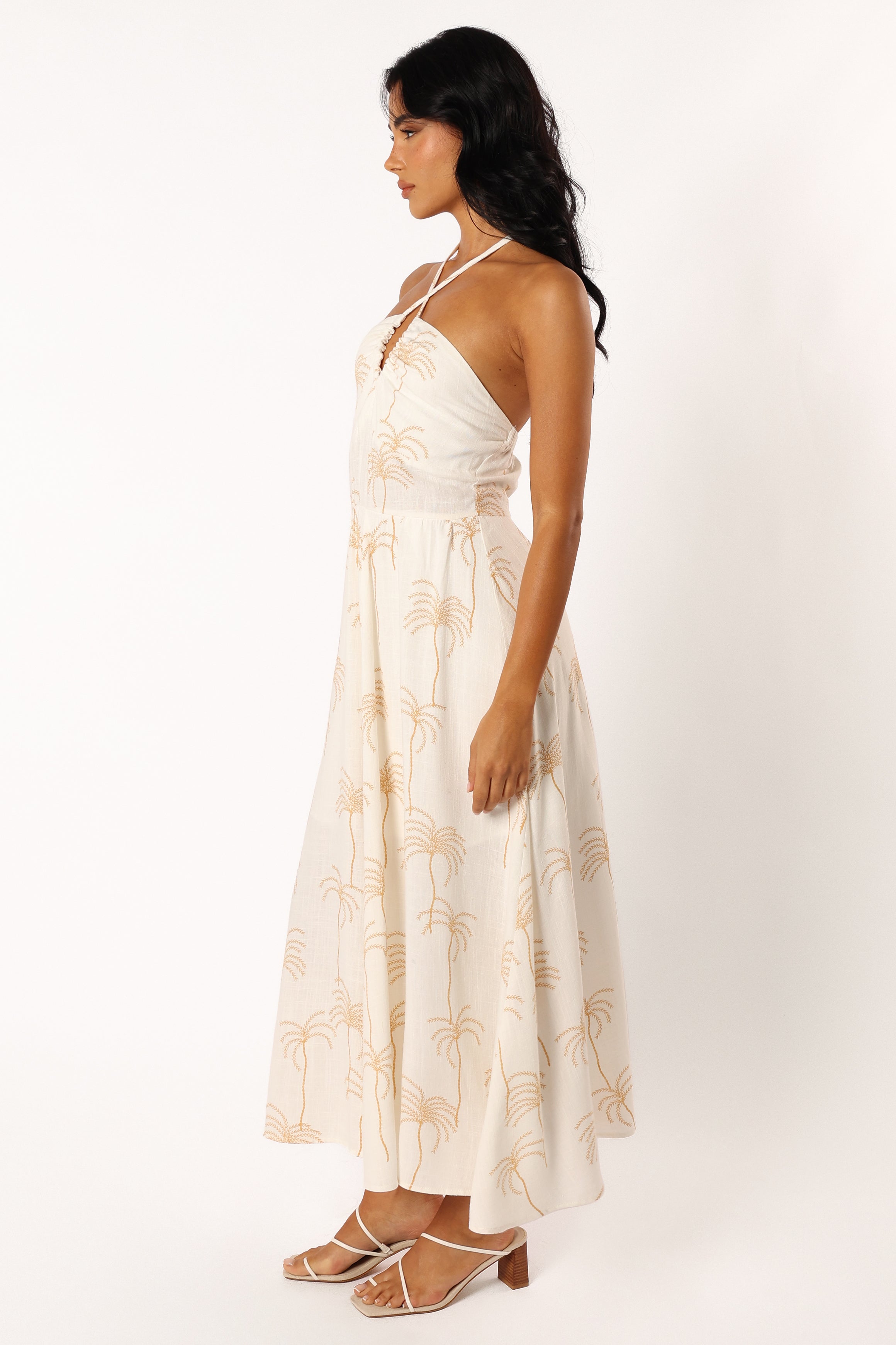 White Palm Print Granger Halterneck Midi Dress - Summer V-Neck A-Line