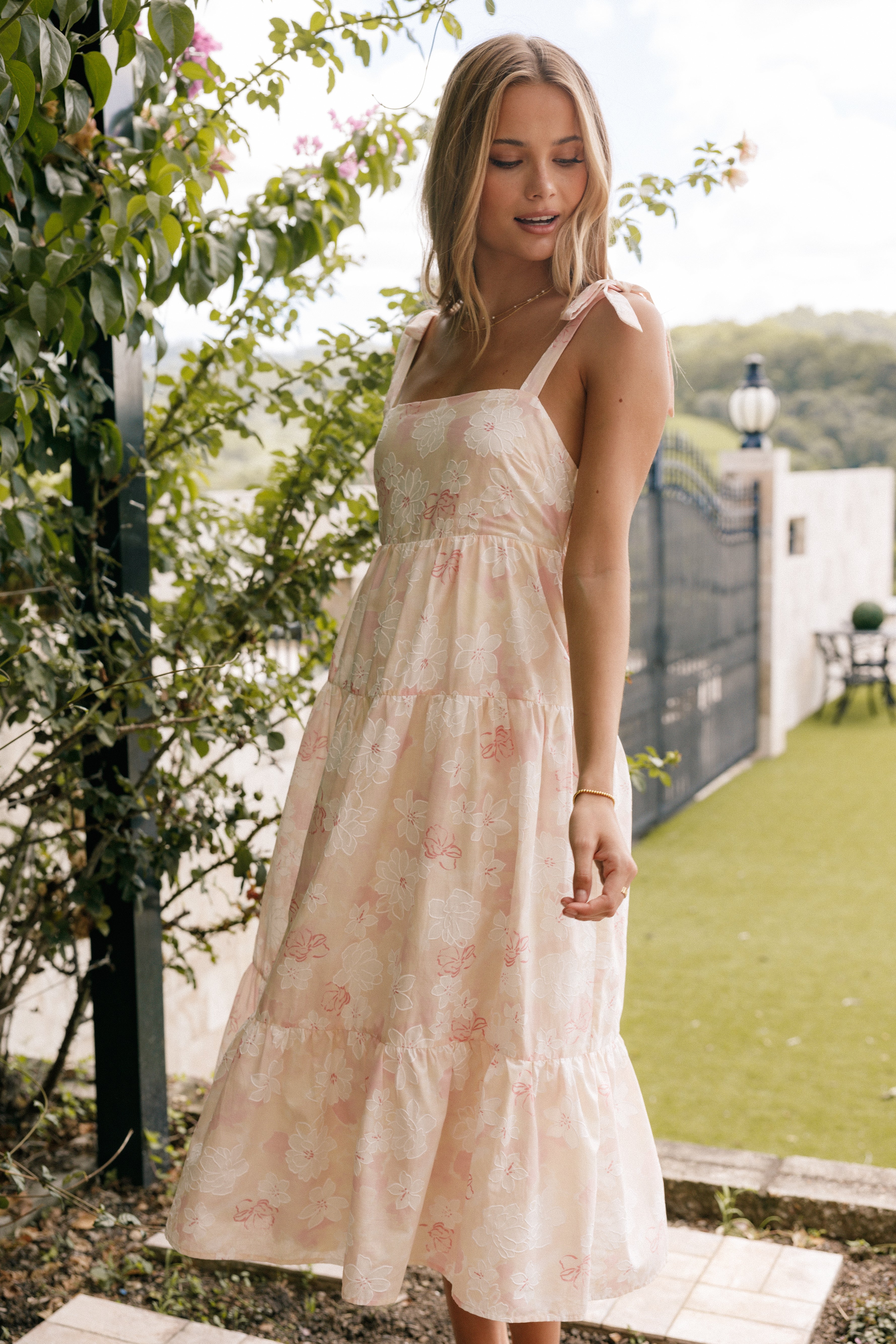 Floral Midi Dress with Square Neckline & Tie Straps - Pink White