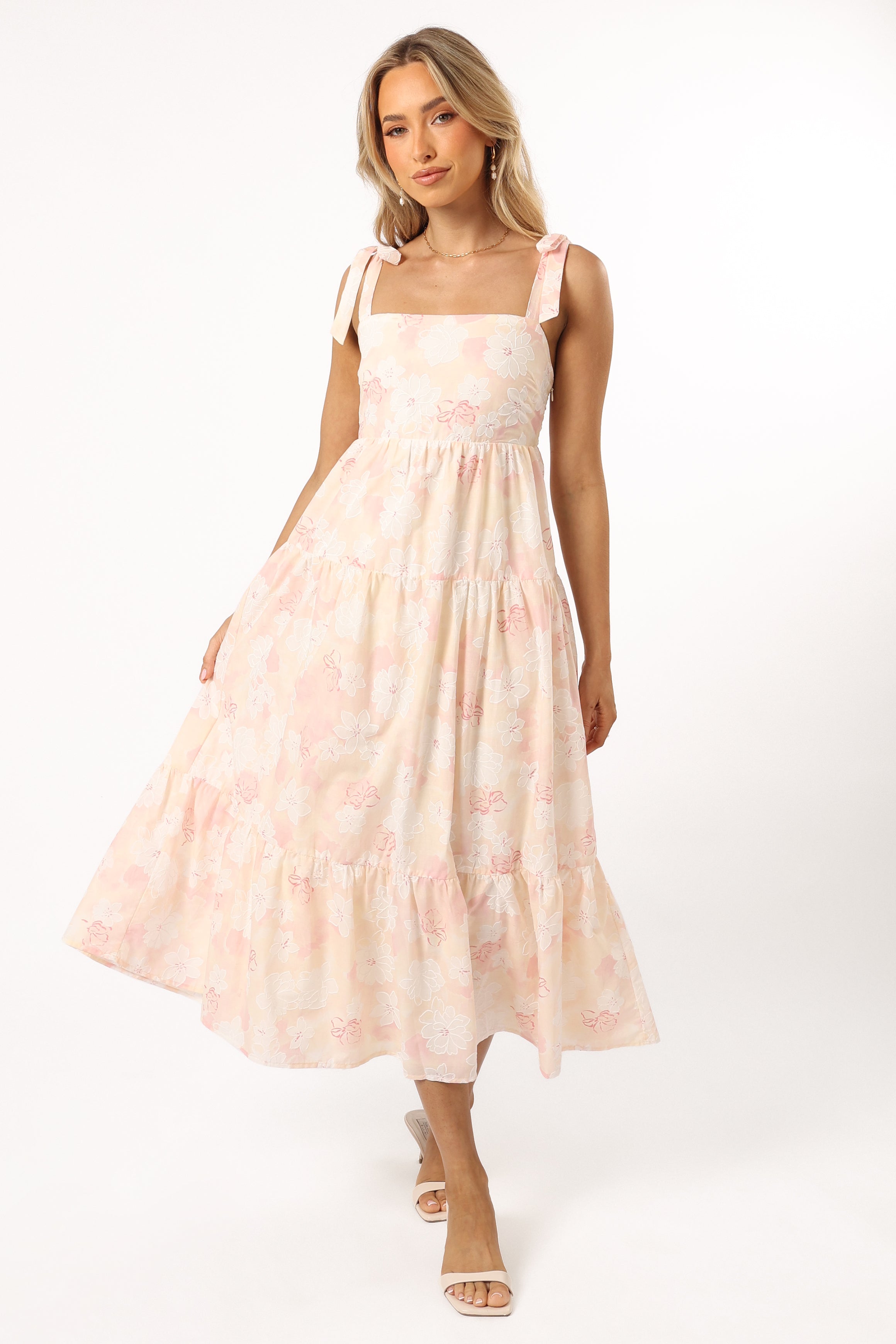 Floral Midi Dress with Square Neckline & Tie Straps - Pink White