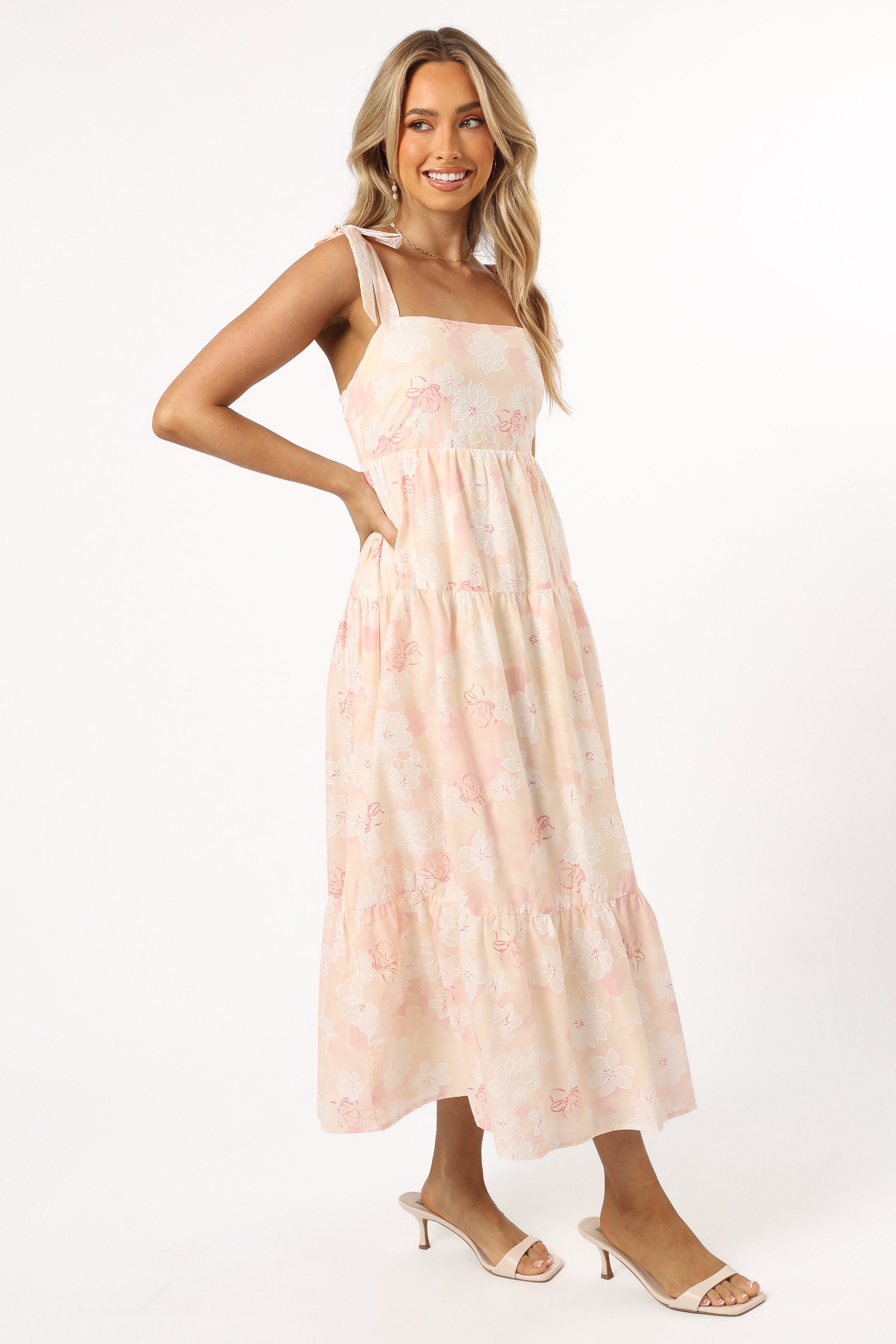 Floral Midi Dress with Square Neckline & Tie Straps - Pink White