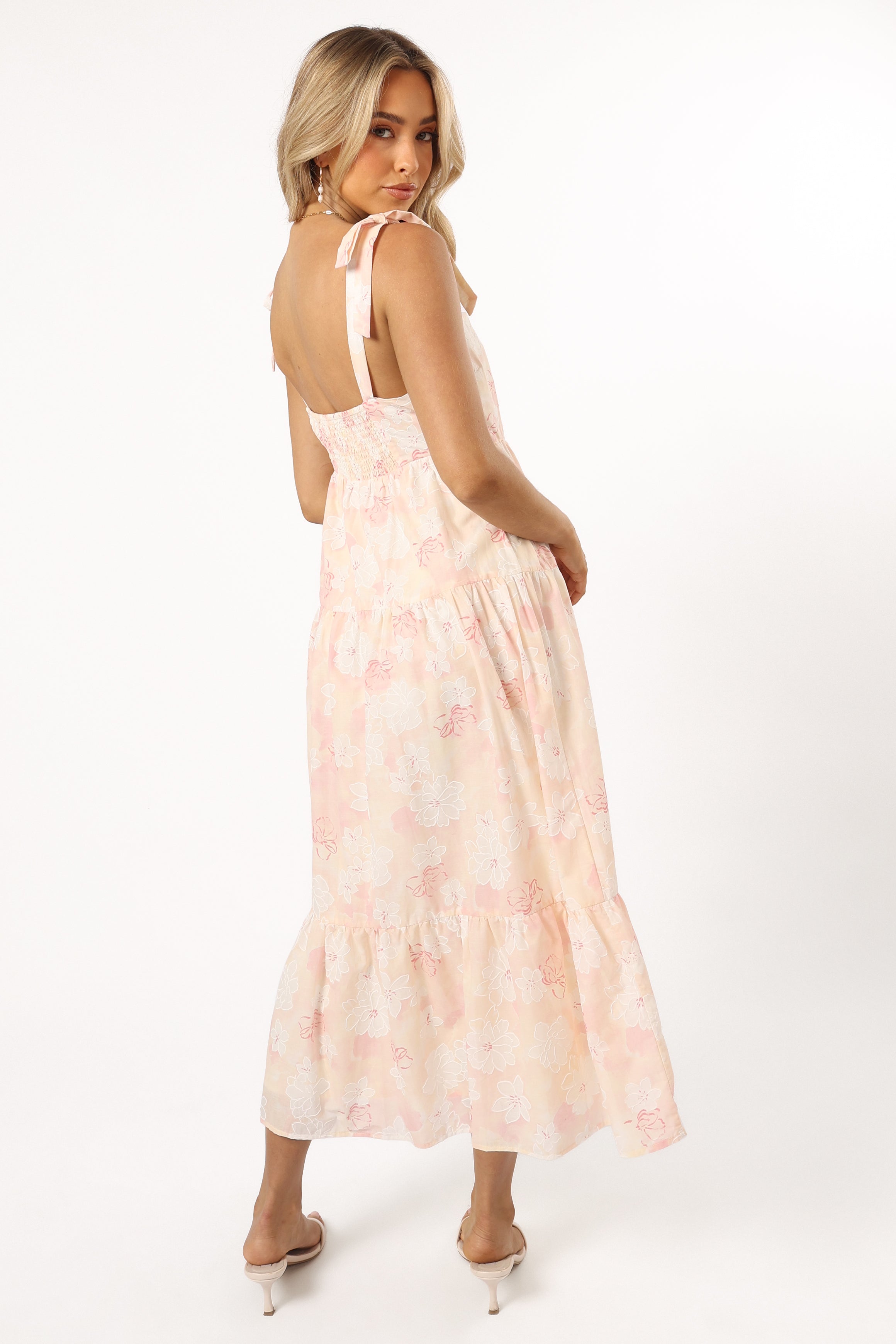Floral Midi Dress with Square Neckline & Tie Straps - Pink White