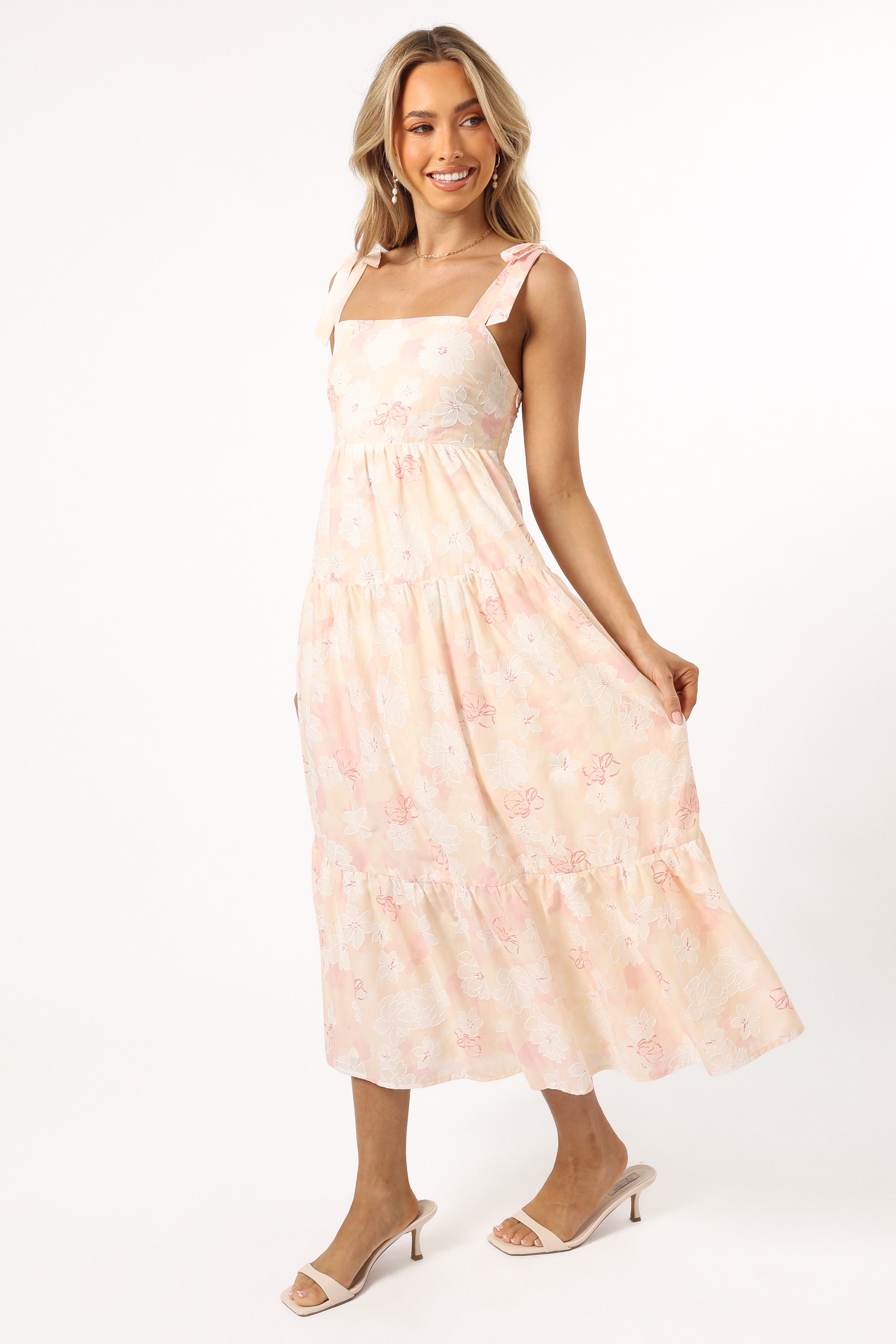 Floral Midi Dress with Square Neckline & Tie Straps - Pink White