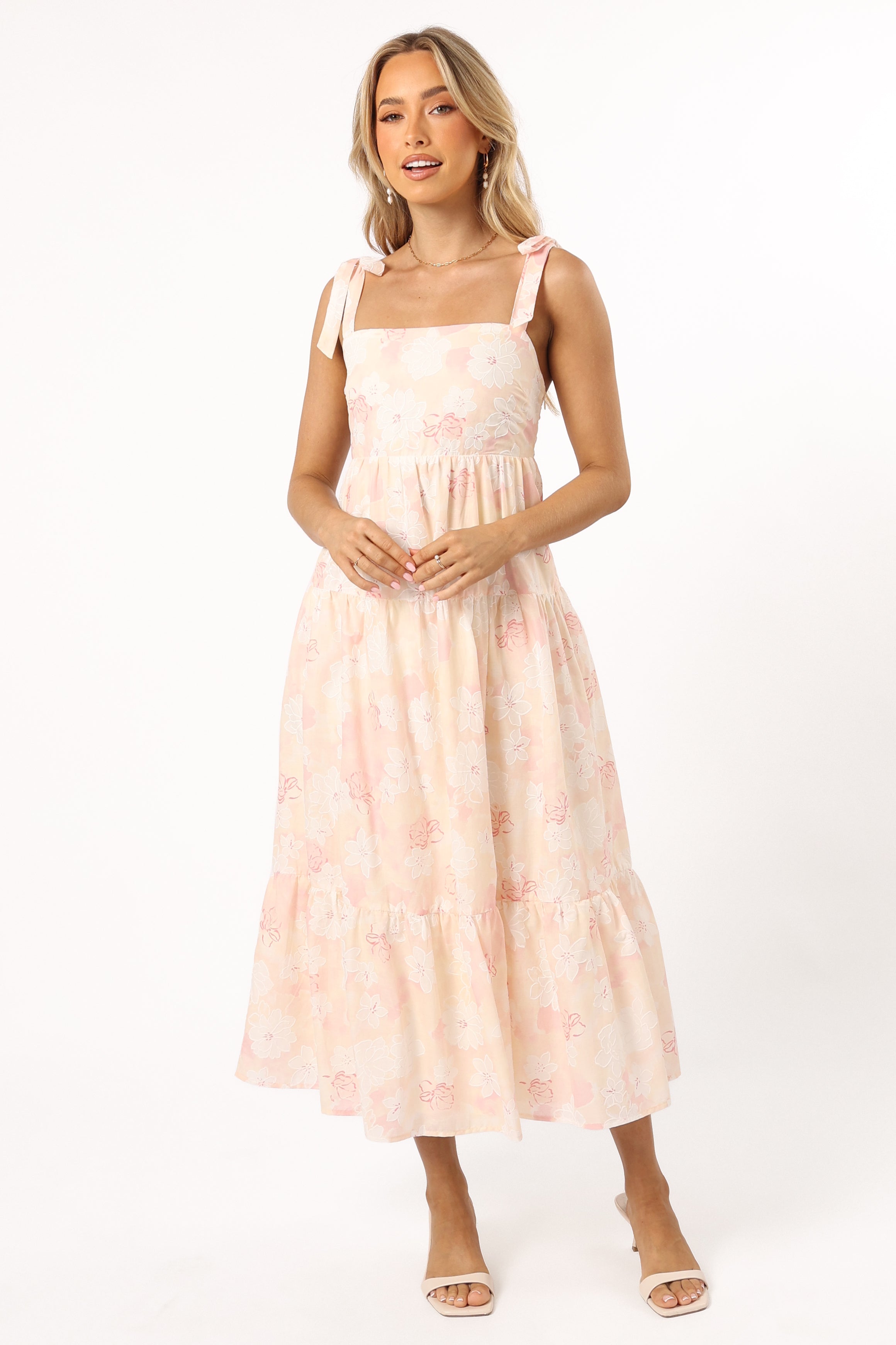 Floral Midi Dress with Square Neckline & Tie Straps - Pink White