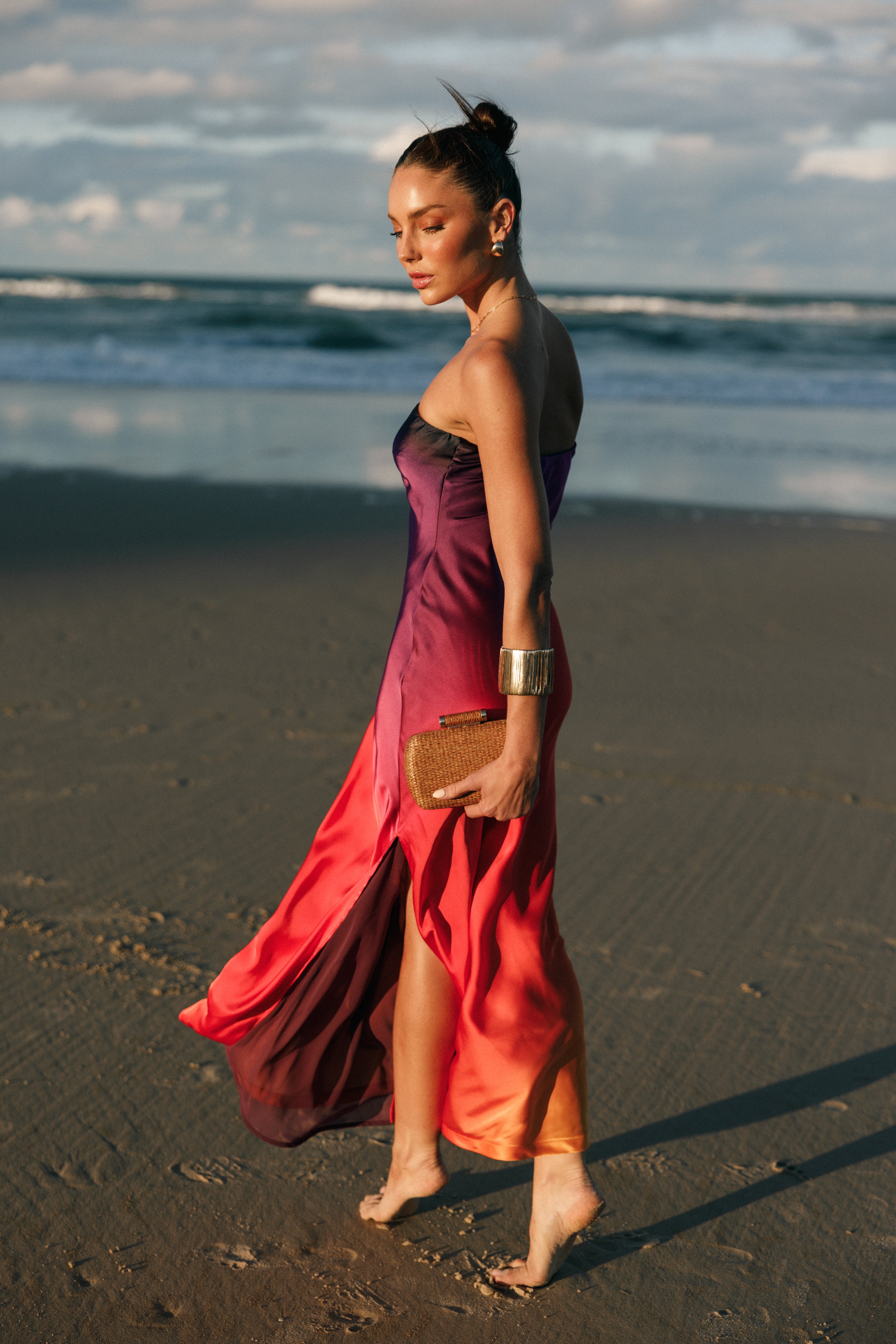 Sunset Cosmo Strapless Satin Maxi Dress for Special Occasions