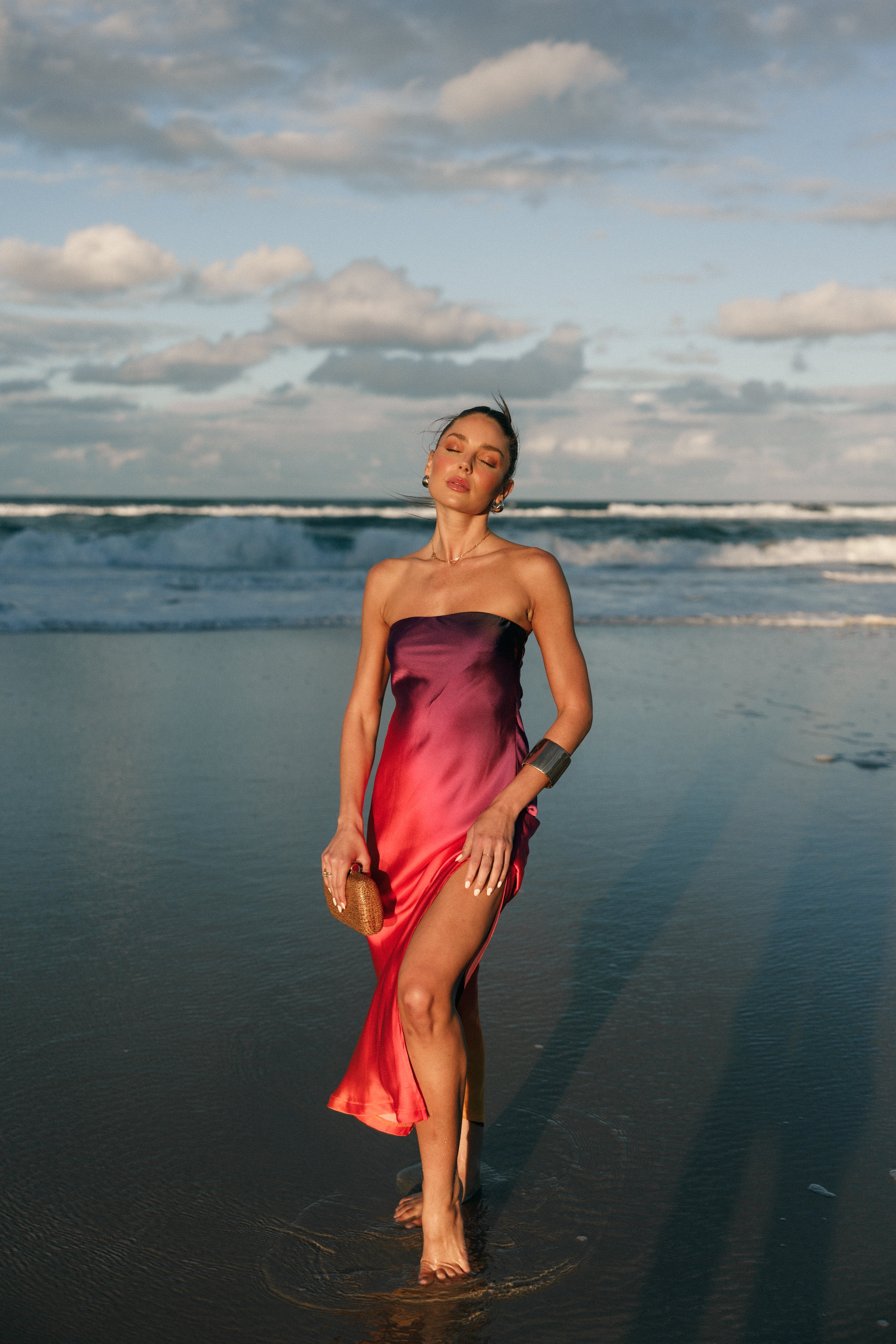 Sunset Cosmo Strapless Satin Maxi Dress for Special Occasions