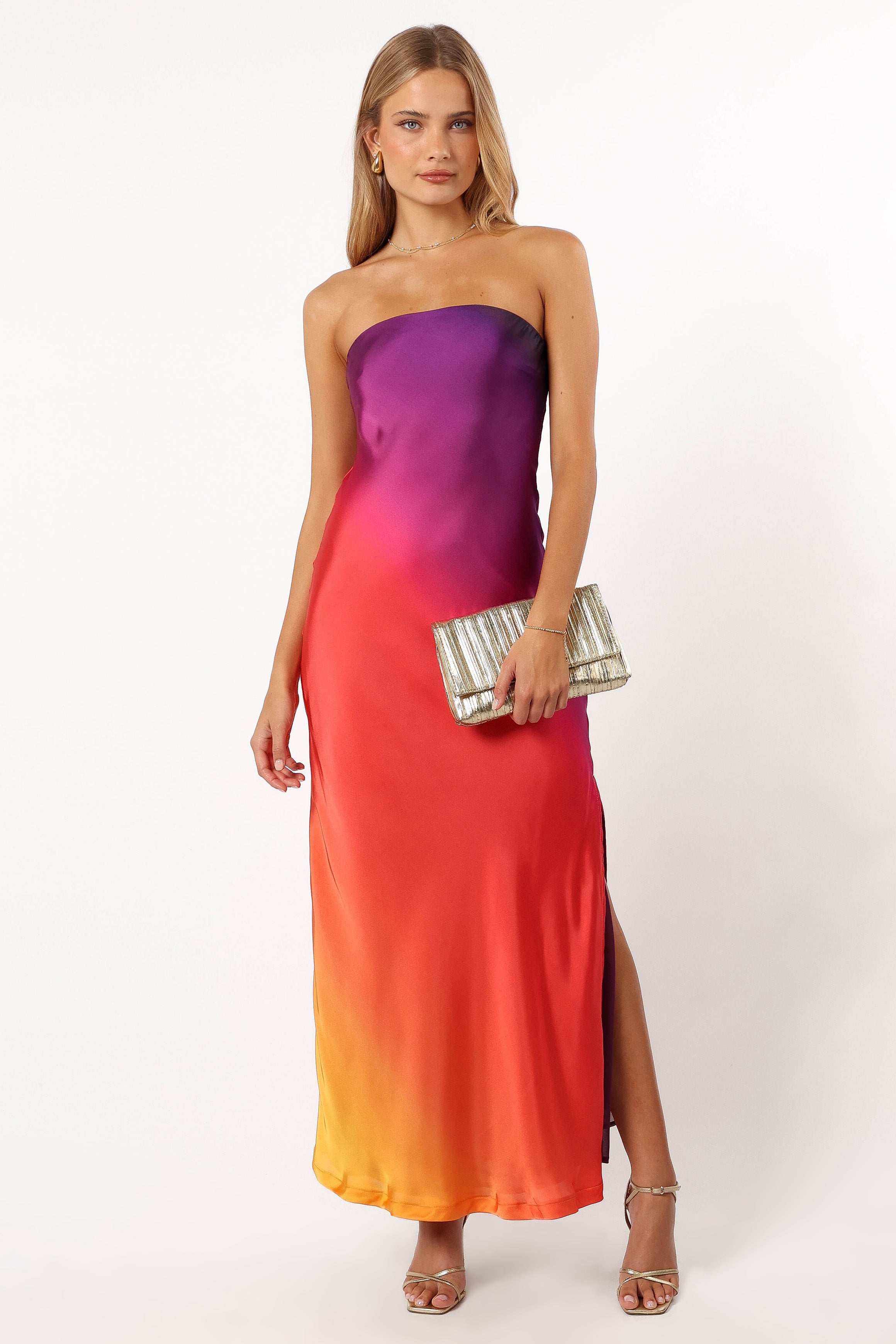 Sunset Cosmo Strapless Satin Maxi Dress for Special Occasions
