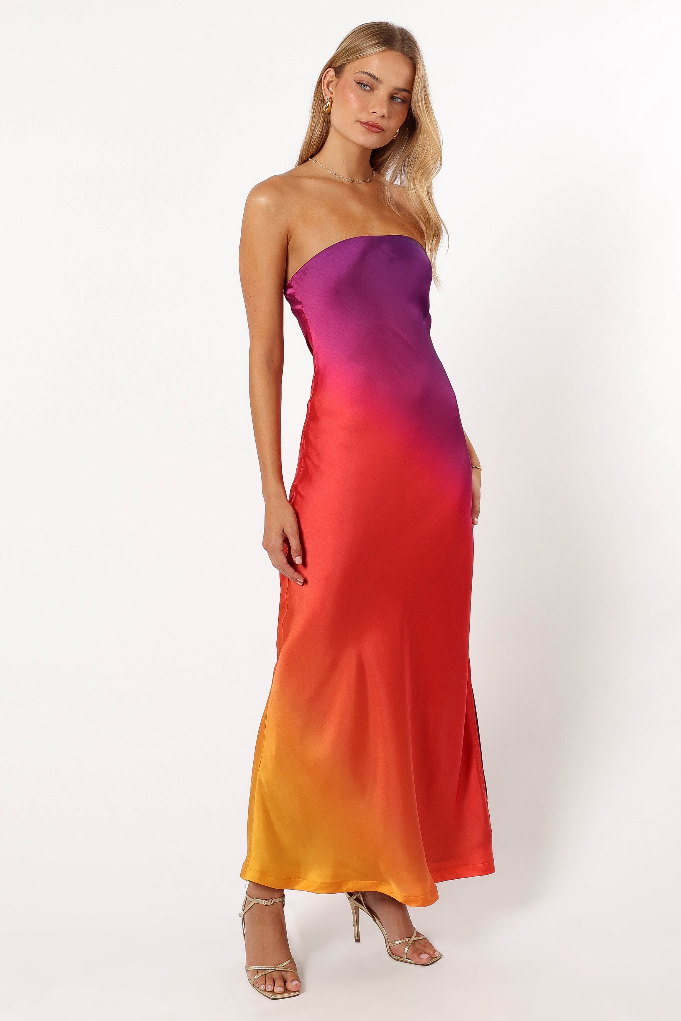 Sunset Cosmo Strapless Satin Maxi Dress for Special Occasions