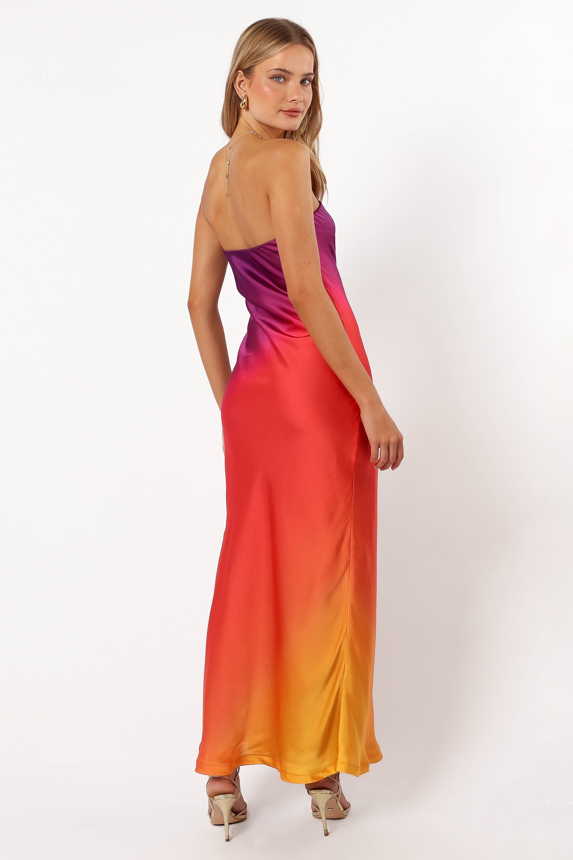 Sunset Cosmo Strapless Satin Maxi Dress for Special Occasions