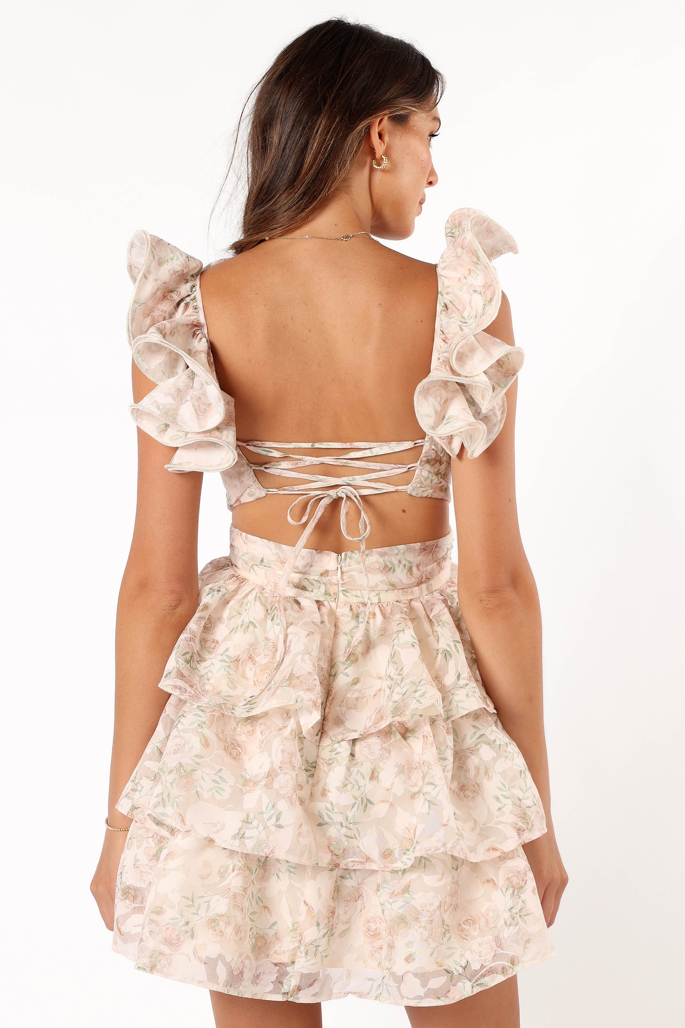 Rose Floral Tiered Mini Dress with V Neck & Back Tie - Leanna