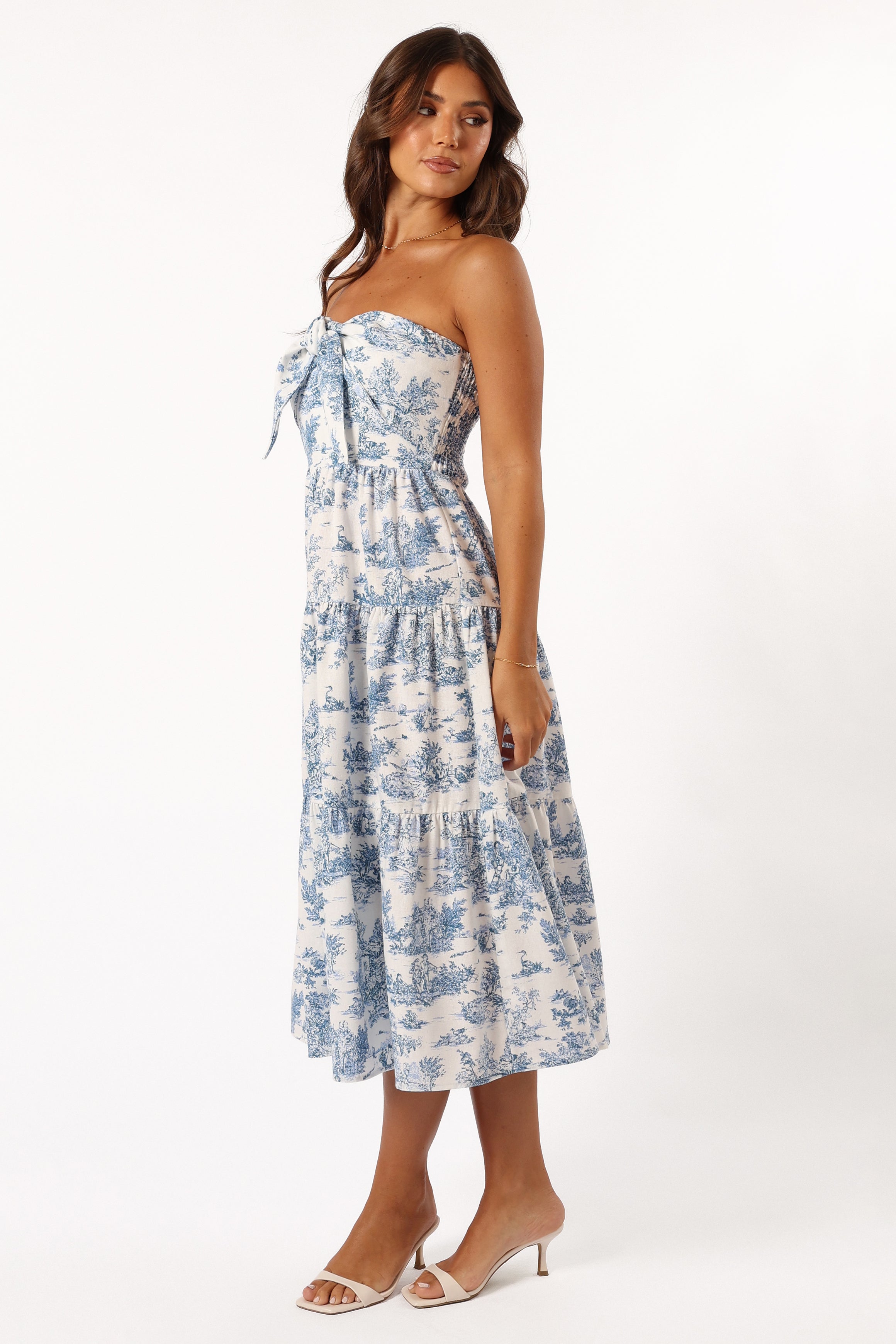 Blue Bow Front Midi Dress - Elegant A-Line Skirt & Shirred Back