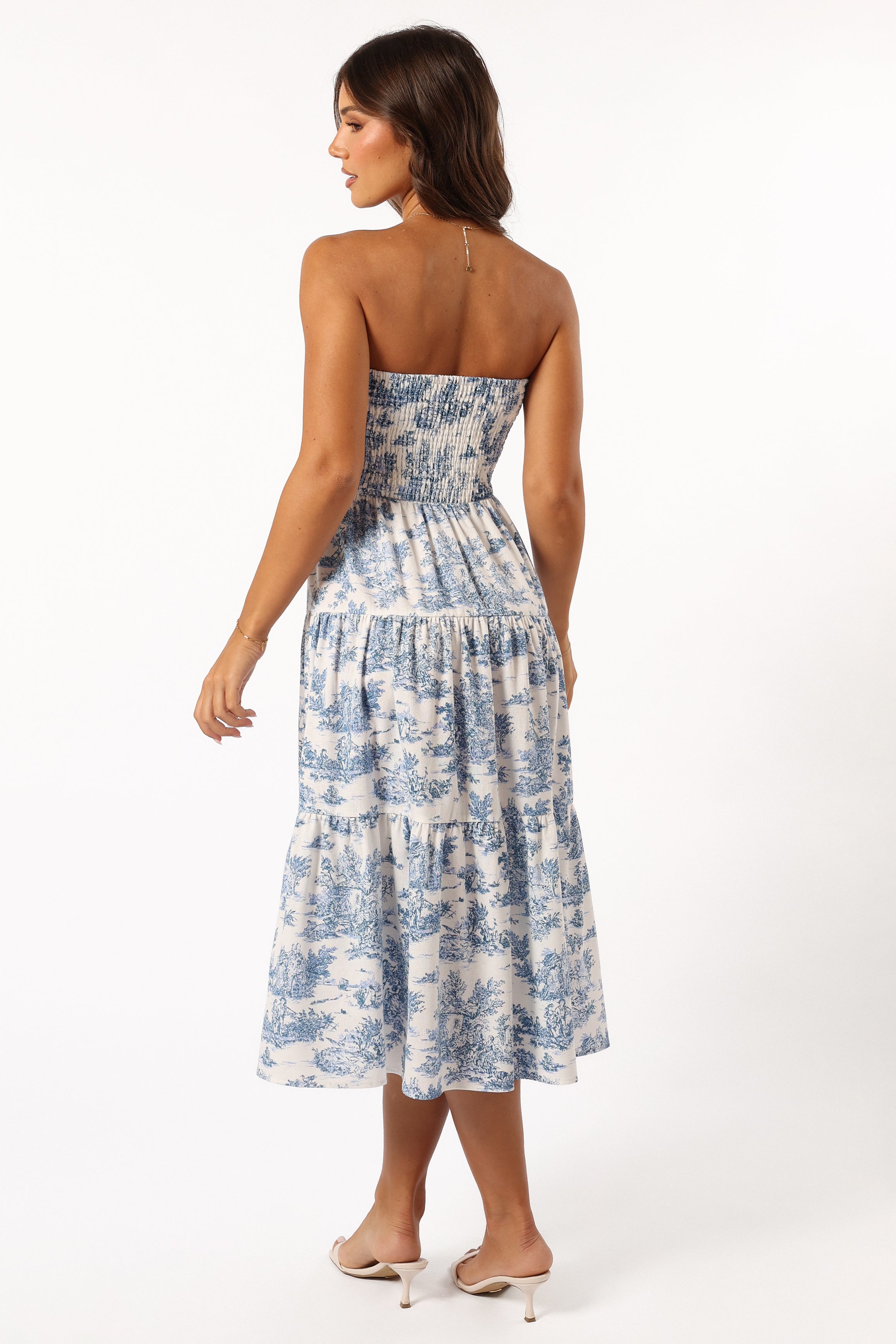 Blue Bow Front Midi Dress - Elegant A-Line Skirt & Shirred Back