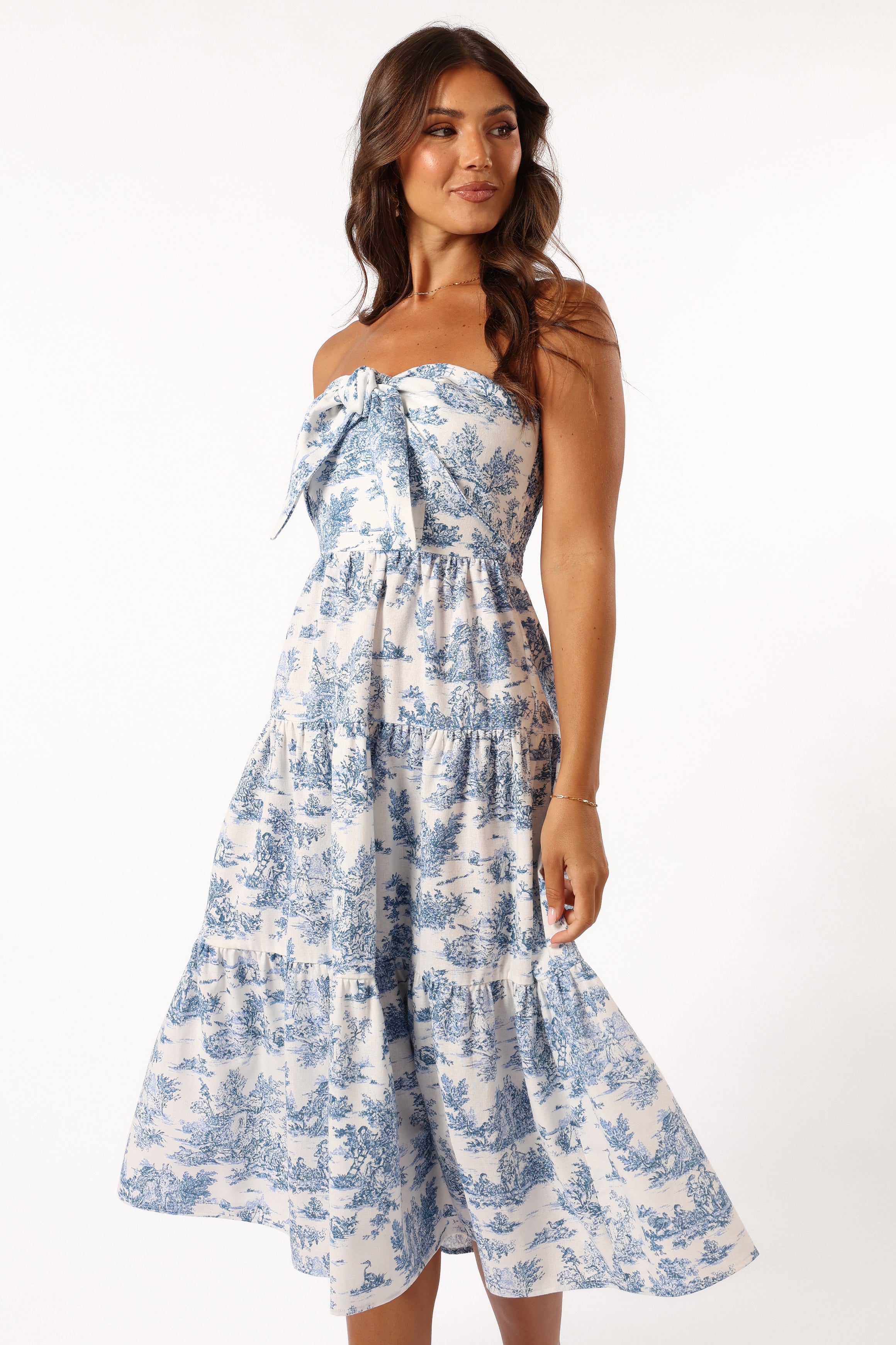 Blue Bow Front Midi Dress - Elegant A-Line Skirt & Shirred Back
