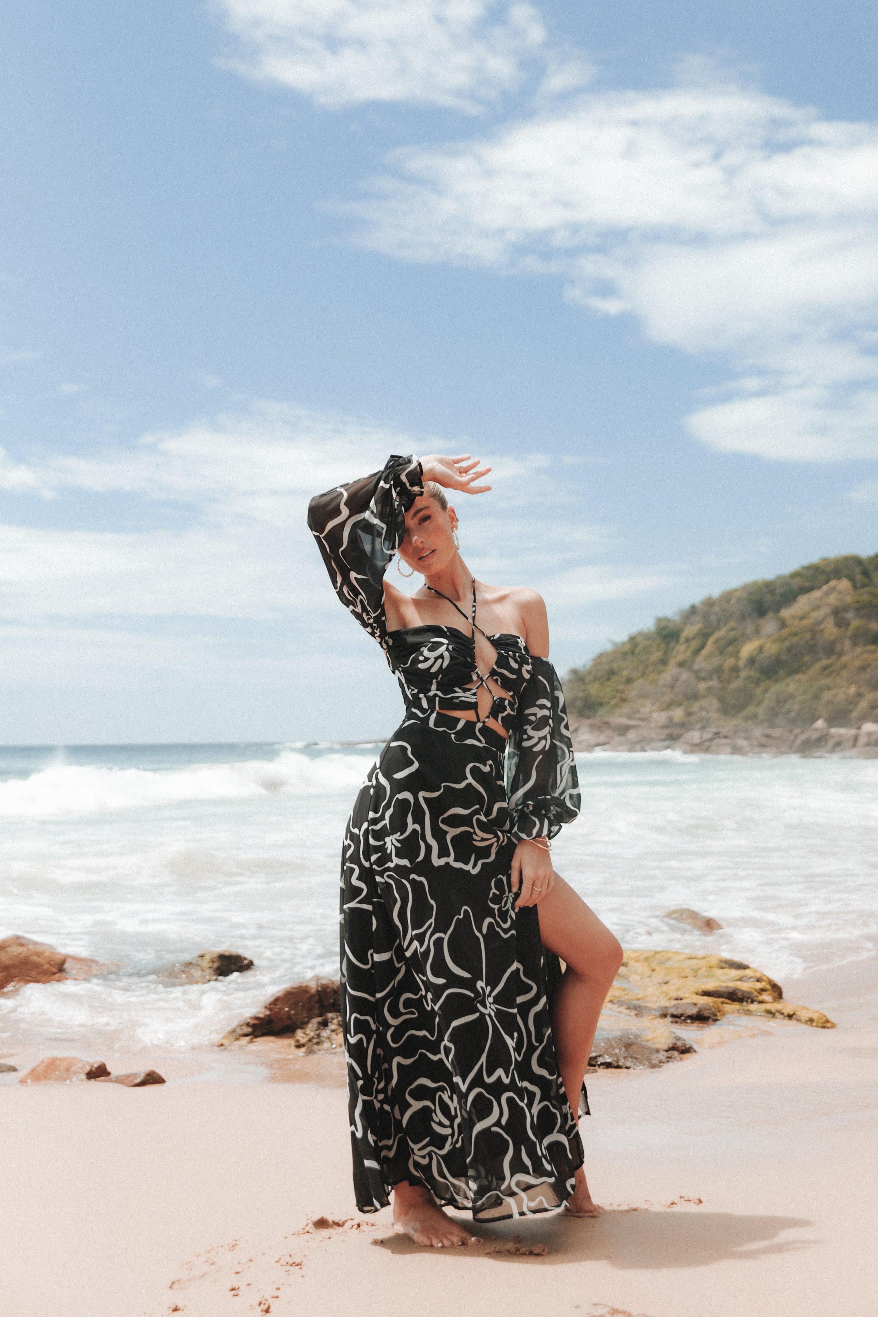 Floral Halter Maxi Dress with Cut Out Detail - White & Black