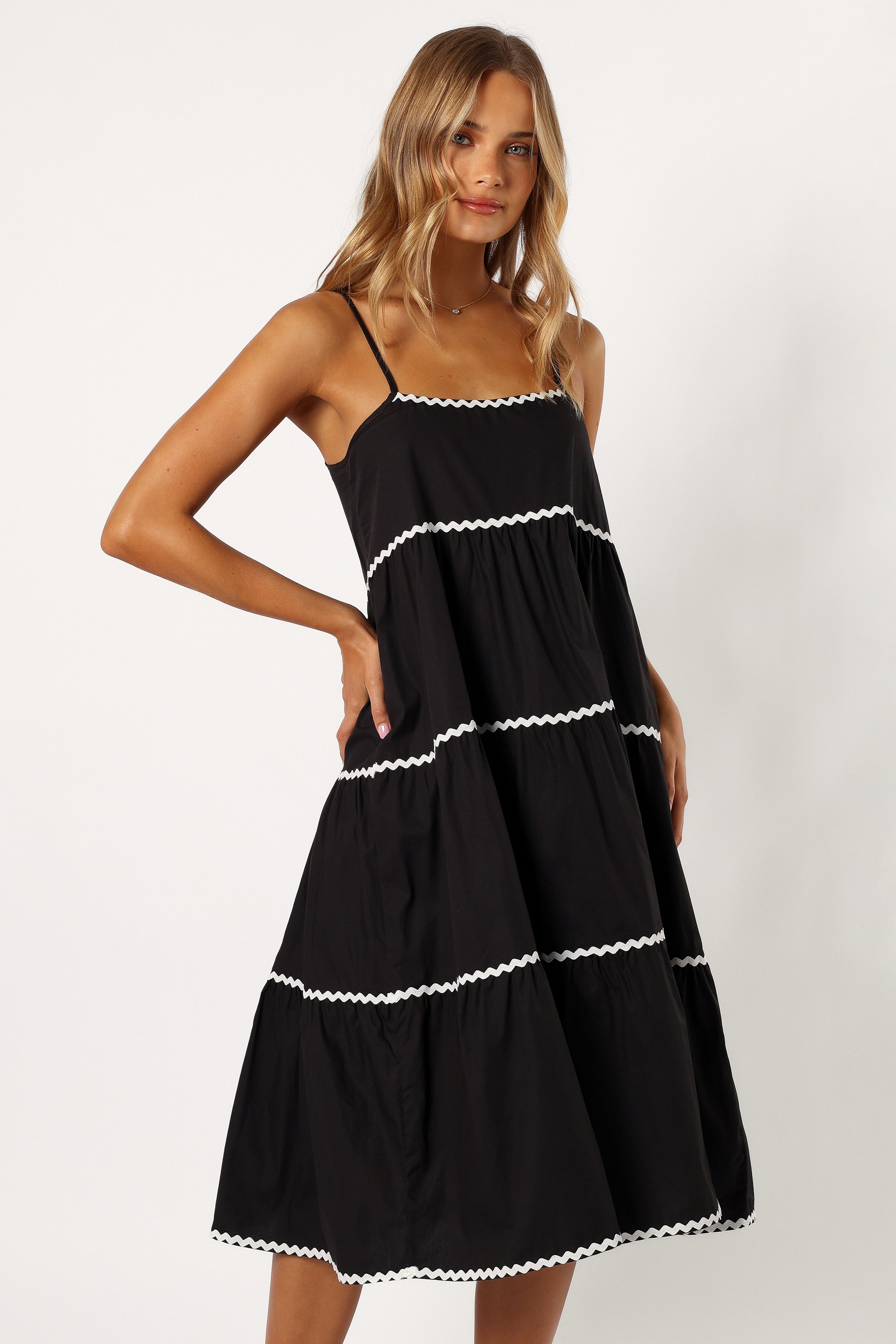 Loella Black Tiered Midi Dress - Adjustable Straps & Square Neckline