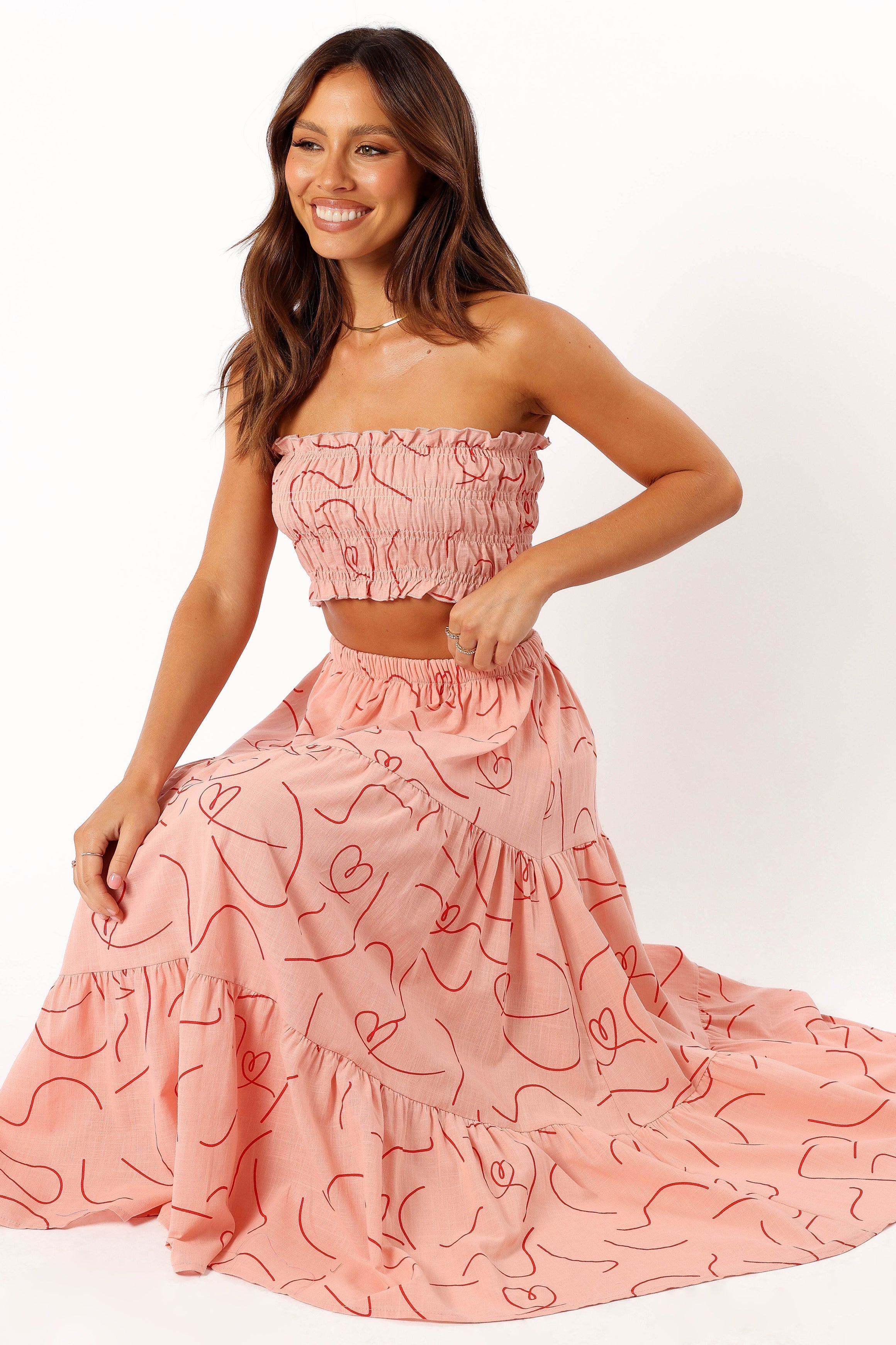 Francesca Pink Swirl Bandeau Top & Midi Skirt Set - 100% Cotton