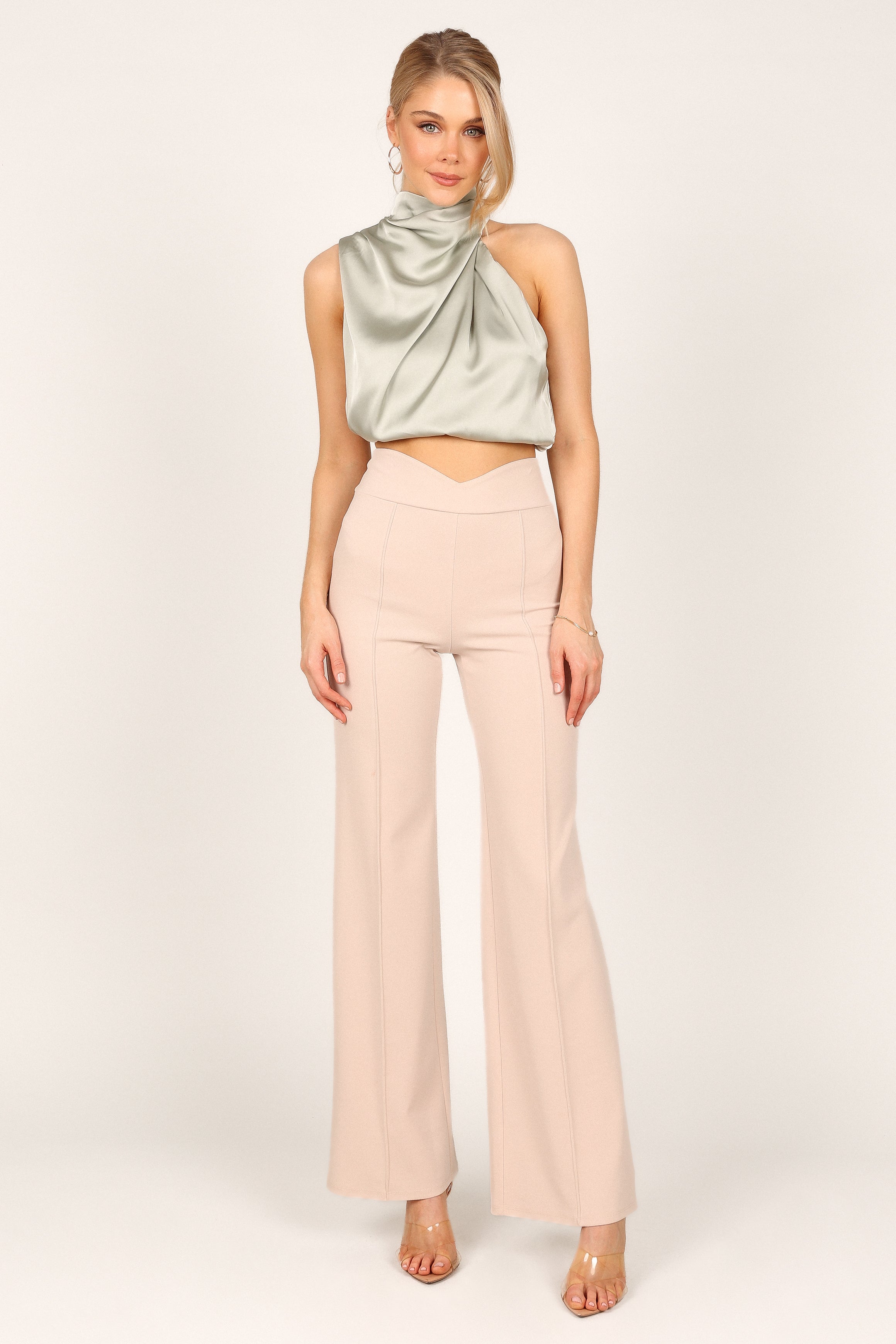 Arabella Olive Satin High Neck Party Top - Cropped & Chic