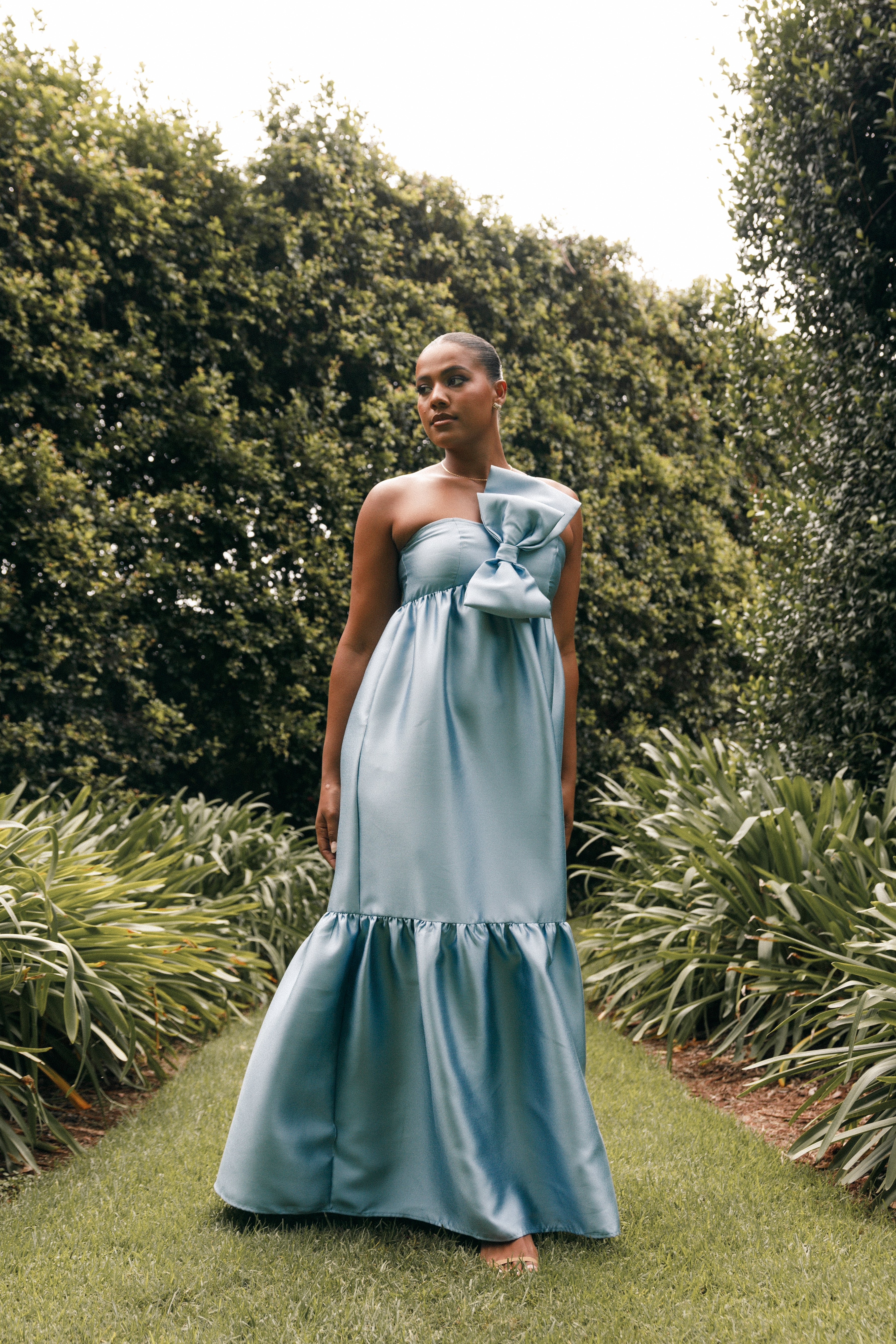 One Shoulder Bow Maxi Dress with Pockets - Blue