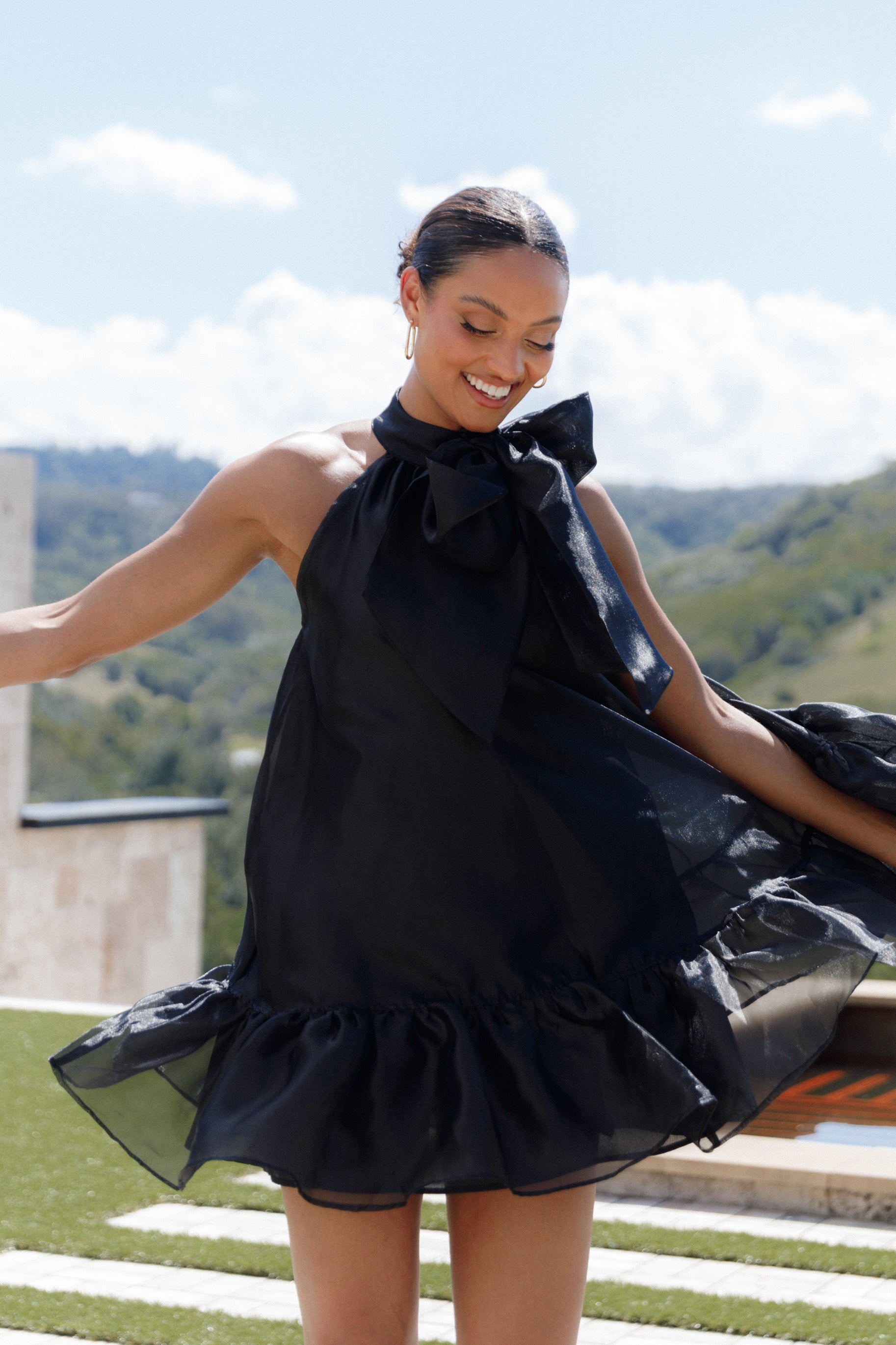 Black Bow Mini Dress for Women - High Neck Party Dress