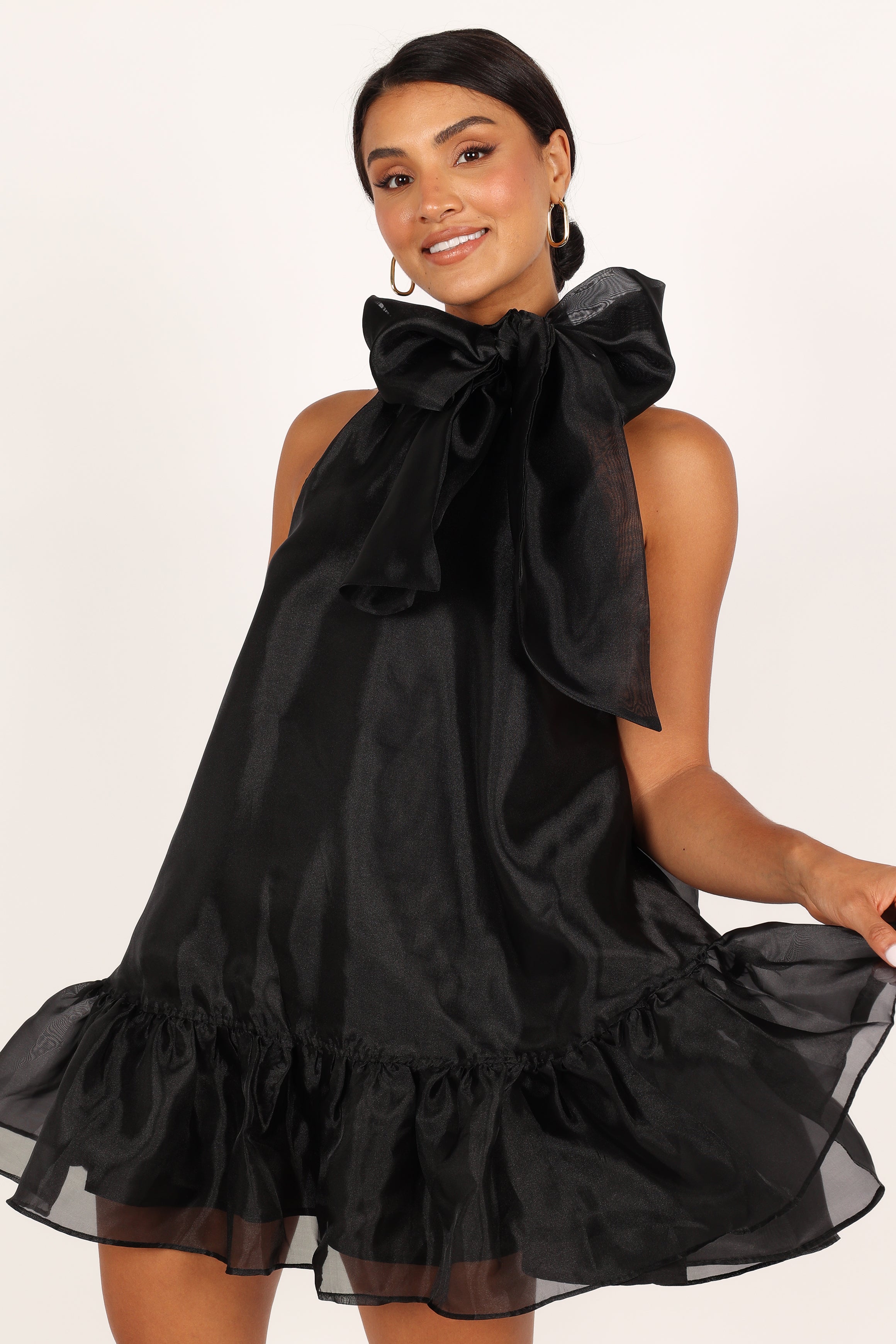 Black Bow Mini Dress for Women - High Neck Party Dress