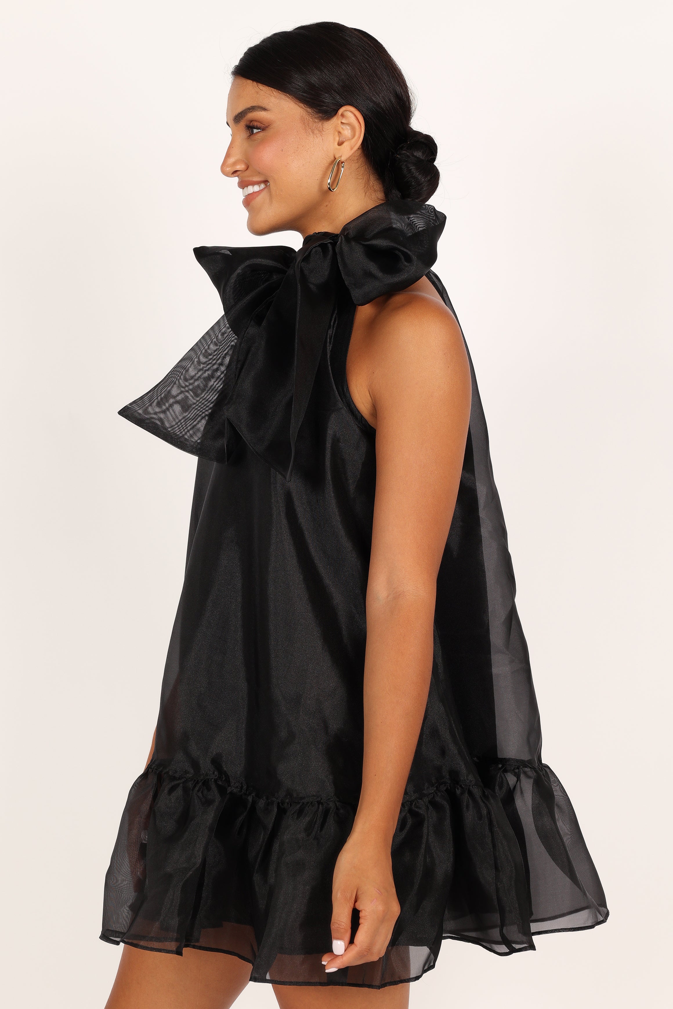 Black Bow Mini Dress for Women - High Neck Party Dress