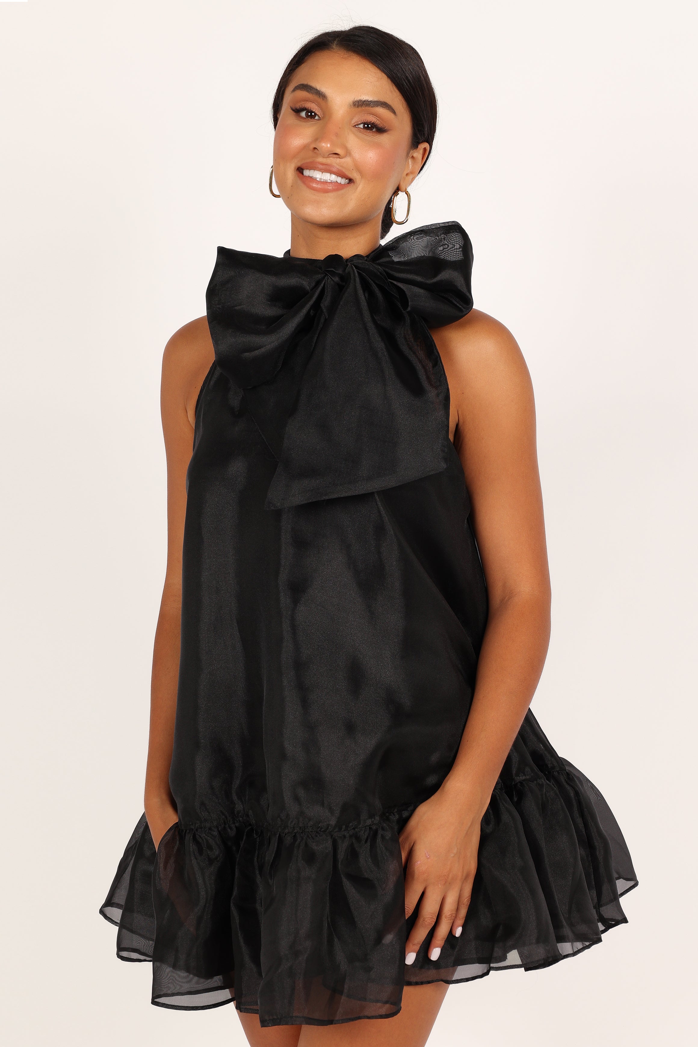 Black Bow Mini Dress for Women - High Neck Party Dress