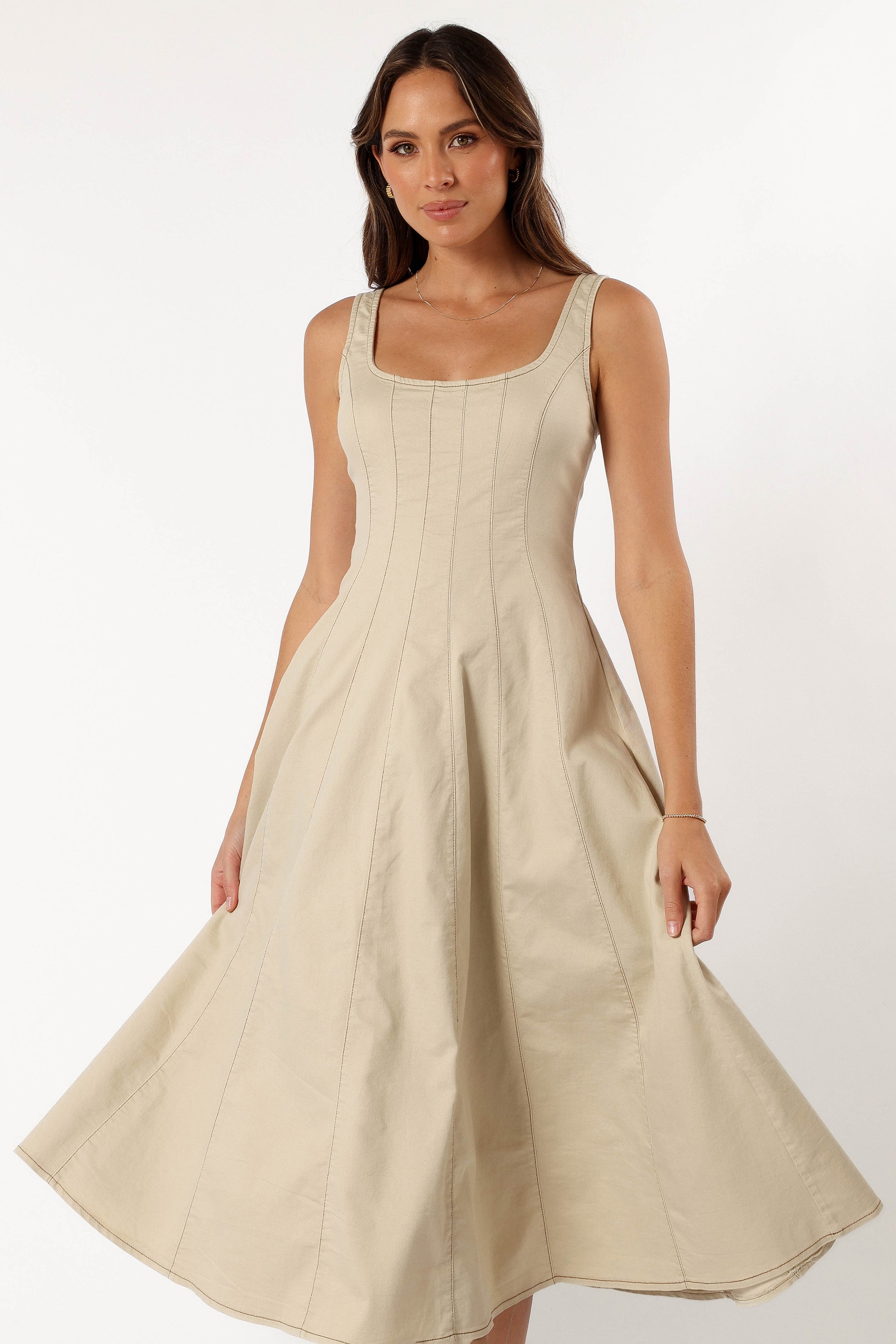 Beige Square Neck Midi Dress with Adjustable Straps