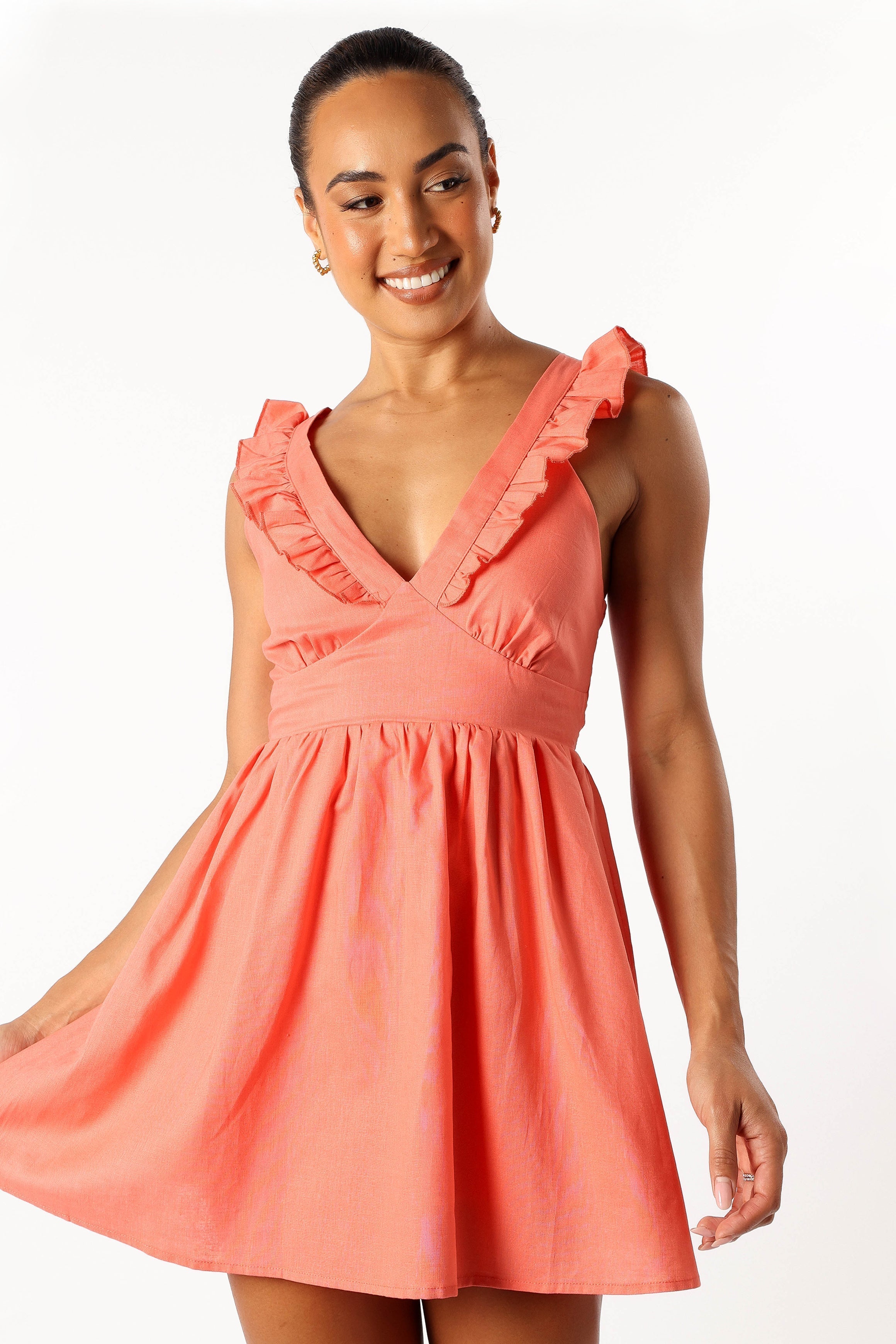 Coral Rowan Frill Mini Dress with V Neckline & Back Zip