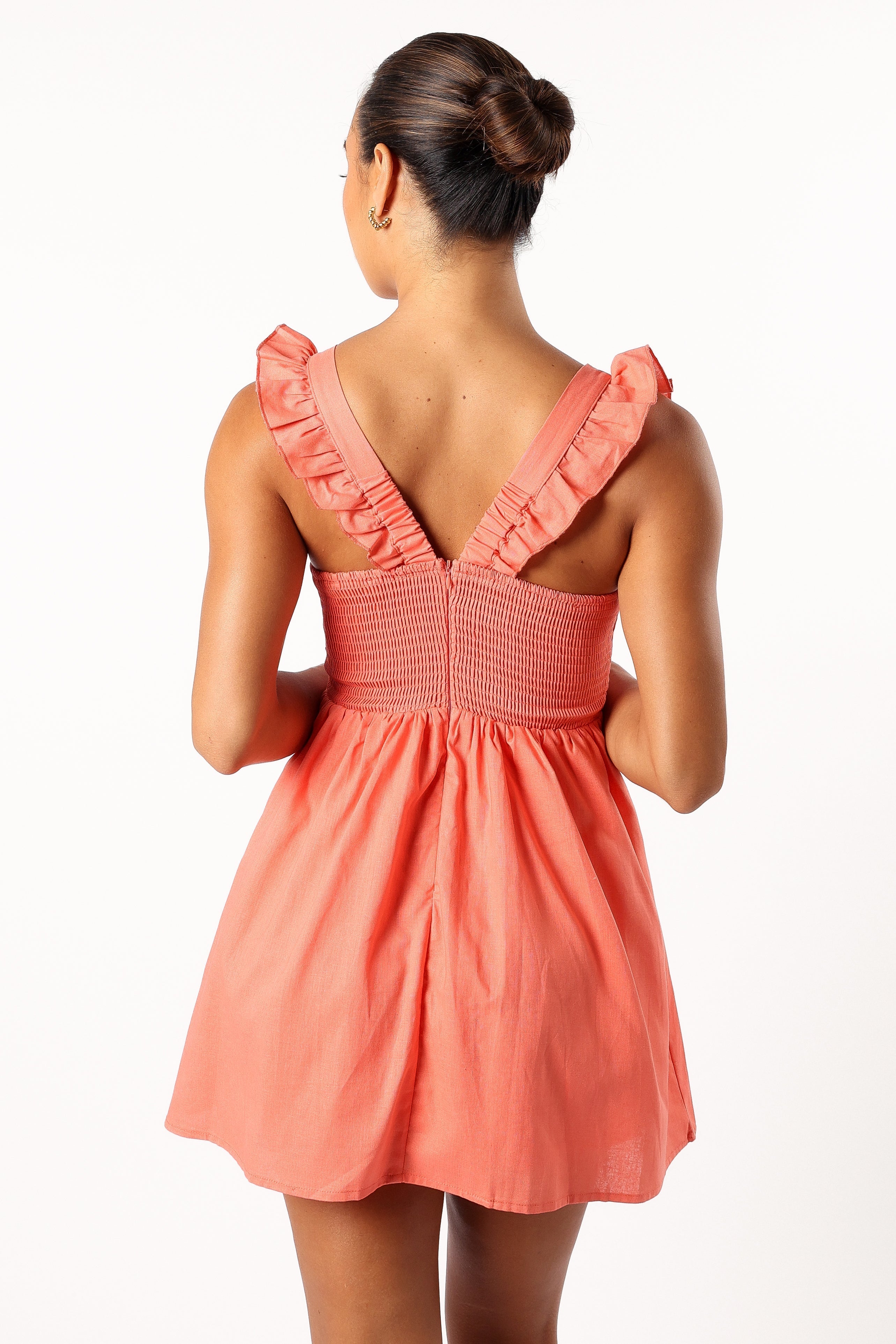 Coral Rowan Frill Mini Dress with V Neckline & Back Zip
