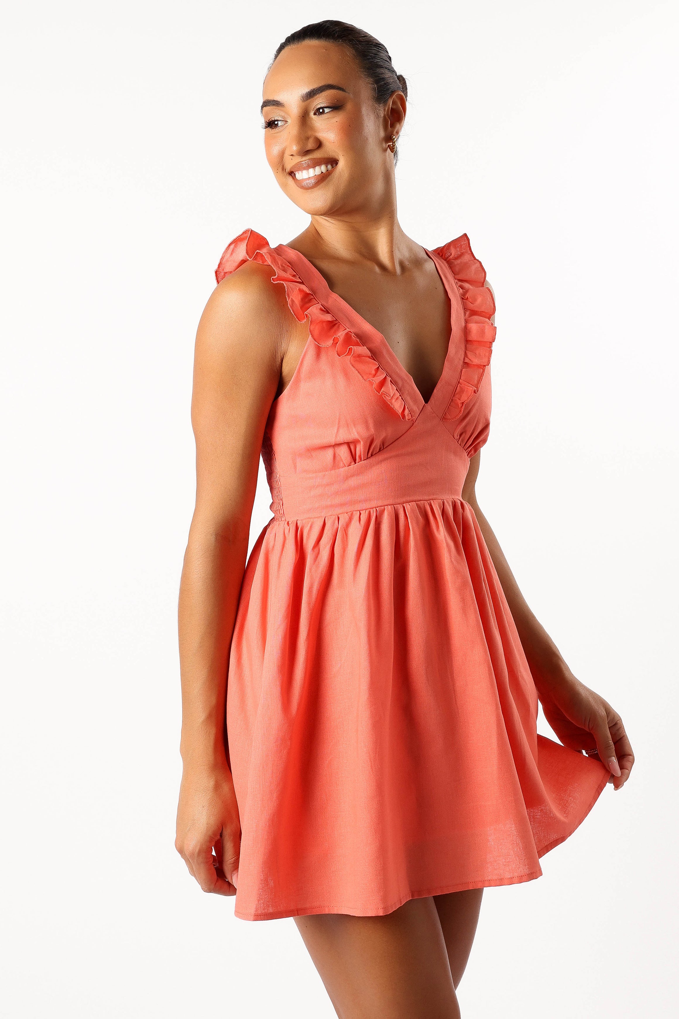 Coral Rowan Frill Mini Dress with V Neckline & Back Zip