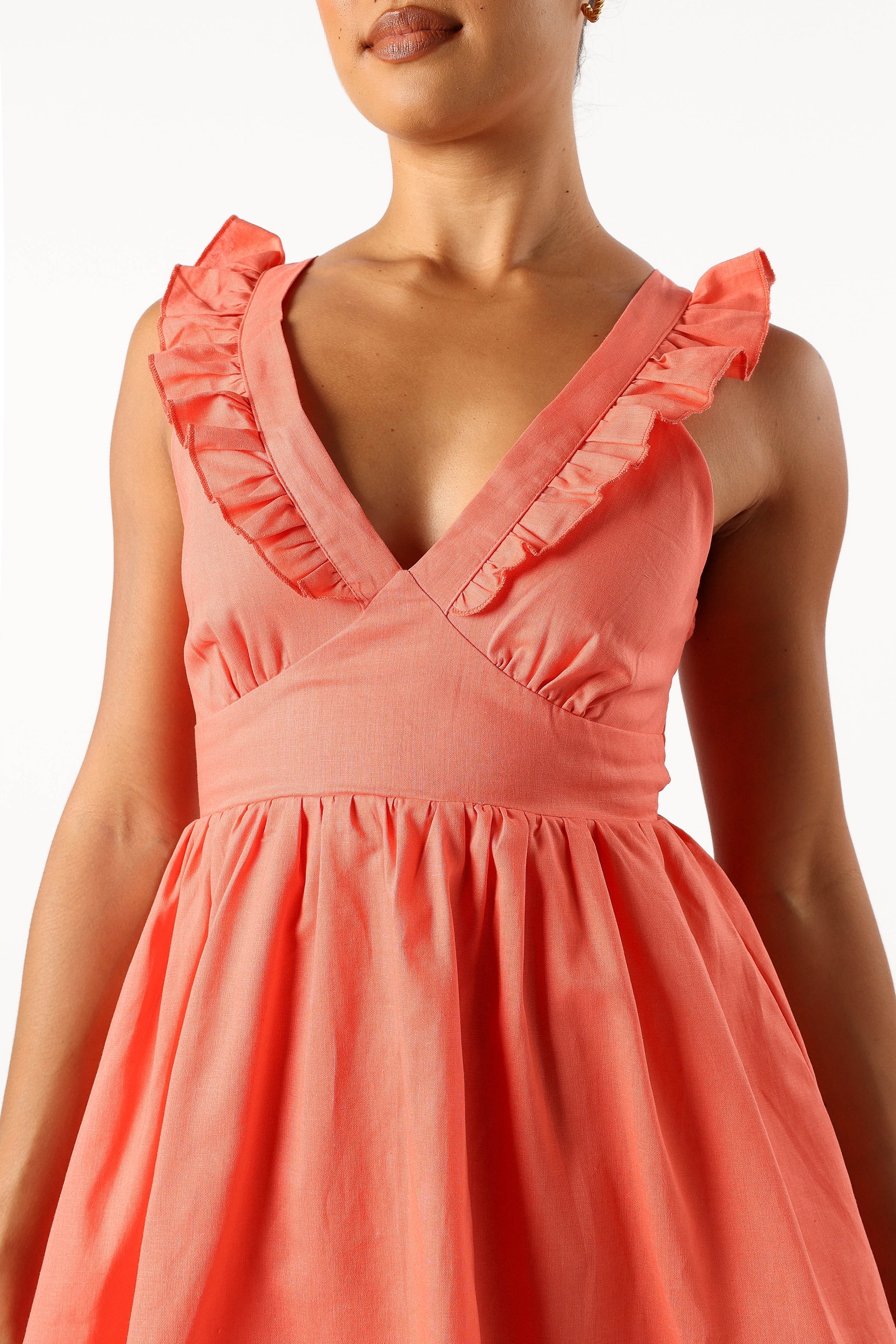 Coral Rowan Frill Mini Dress with V Neckline & Back Zip