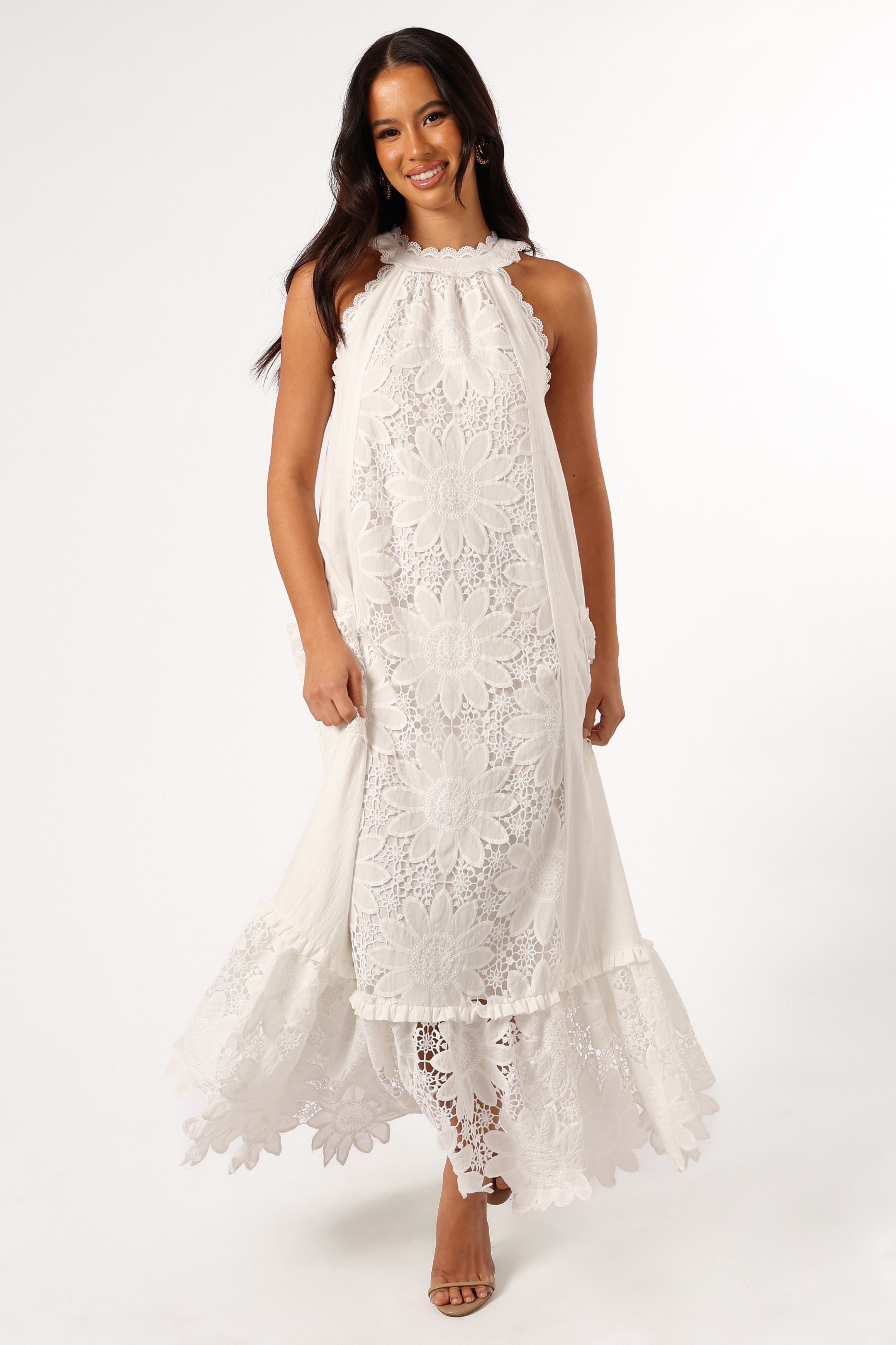 White Floral Lace Maxi Dress with Pockets - Halter Neck Summer Dress