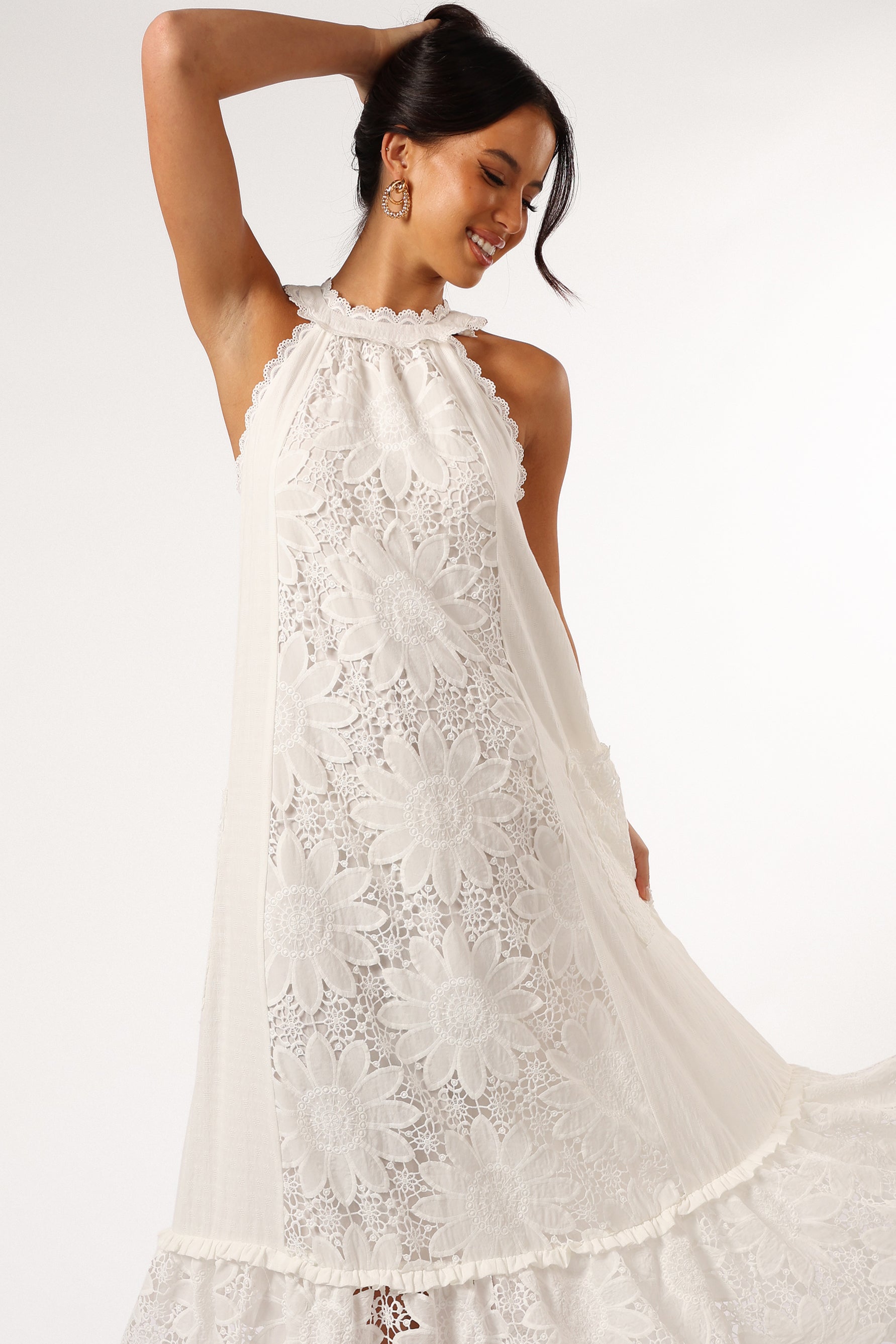 White Floral Lace Maxi Dress with Pockets - Halter Neck Summer Dress